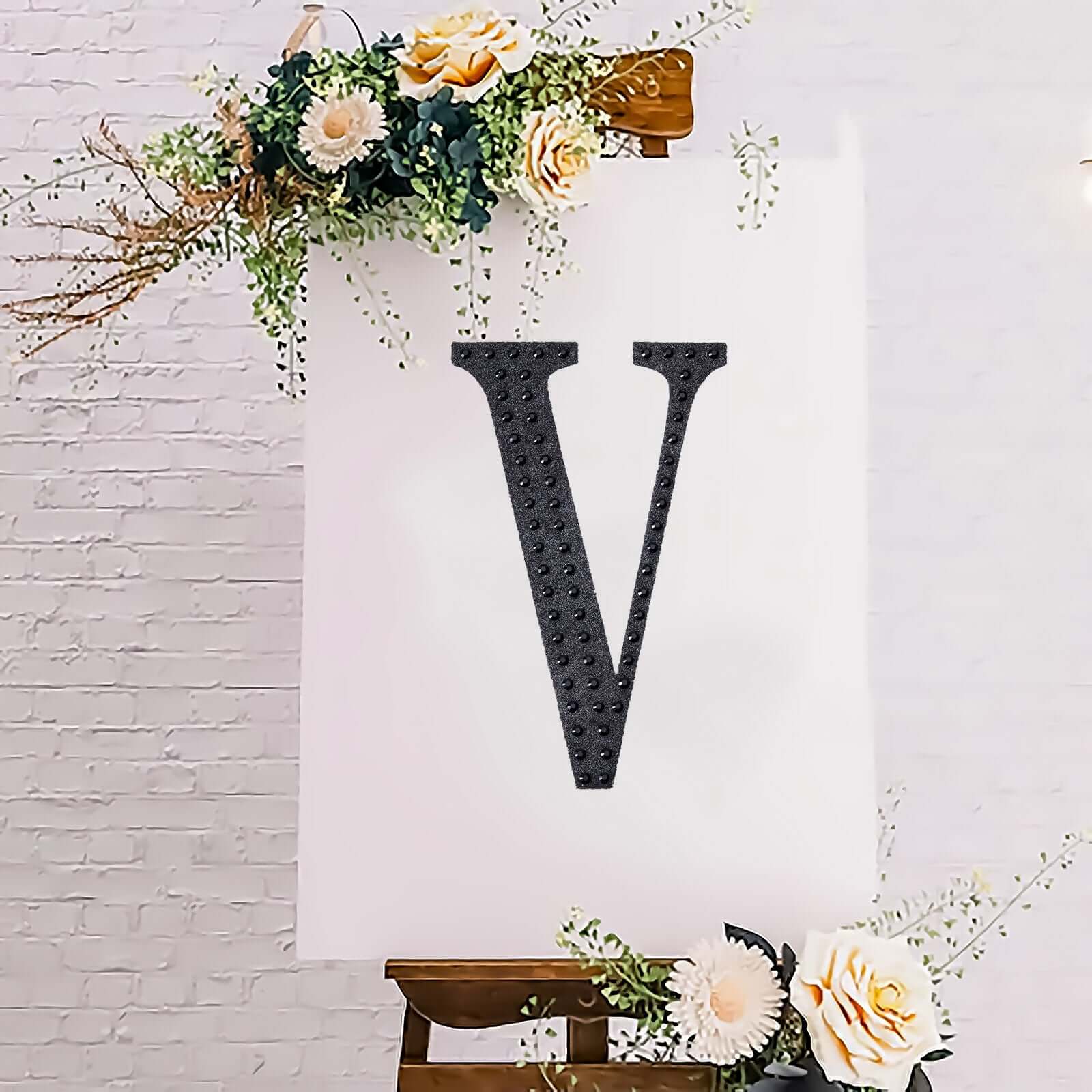 Decorative Rhinestone Alphabet "V" Letter Stickers, Glitter Adhesive Craft Letters Black DIY Sparkle Embellishments 8"