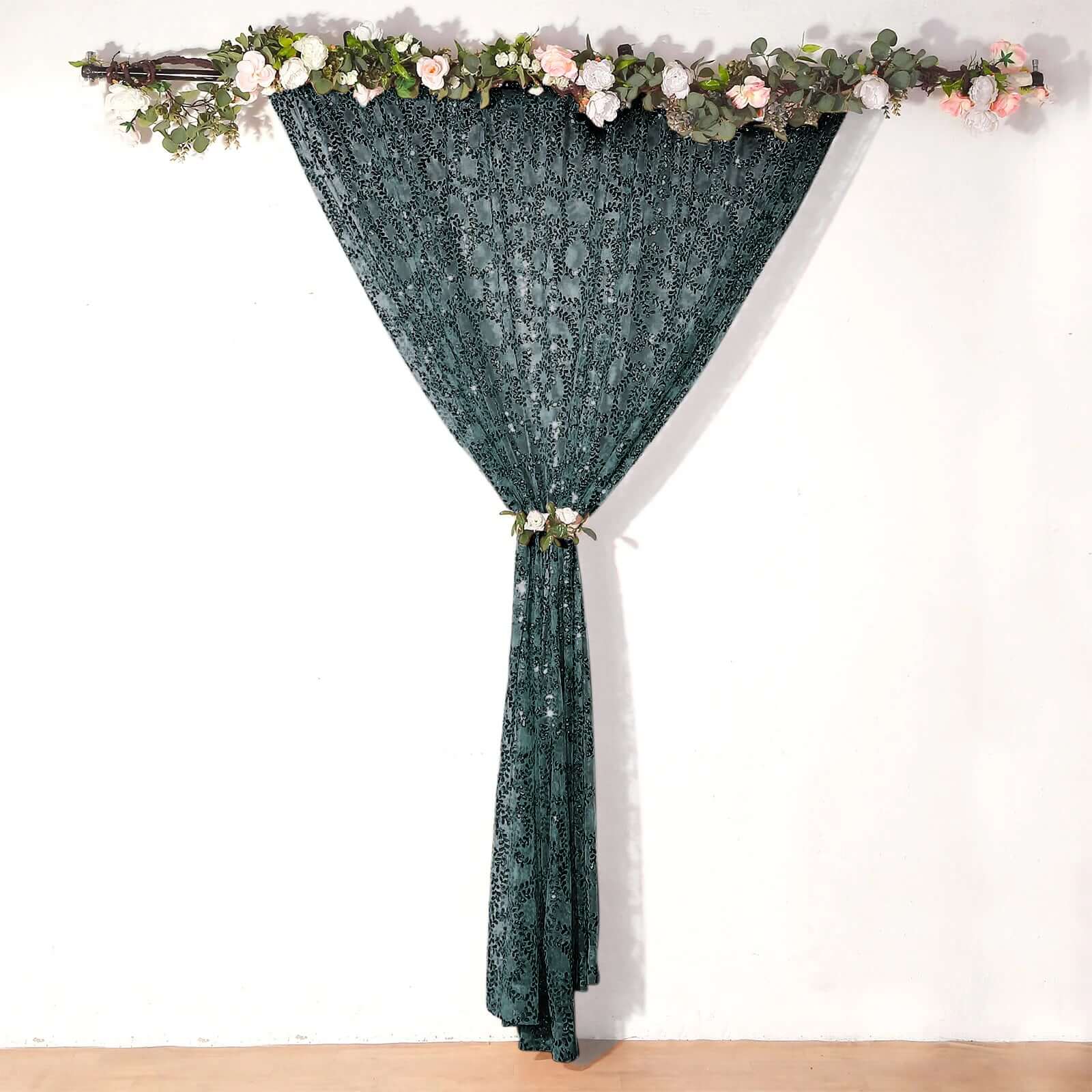 8ftx8ft Hunter Emerald Green Embroider Sequin Event Curtain Drapes, Sparkly Sheer Backdrop Event Panel With Embroidery Leaf