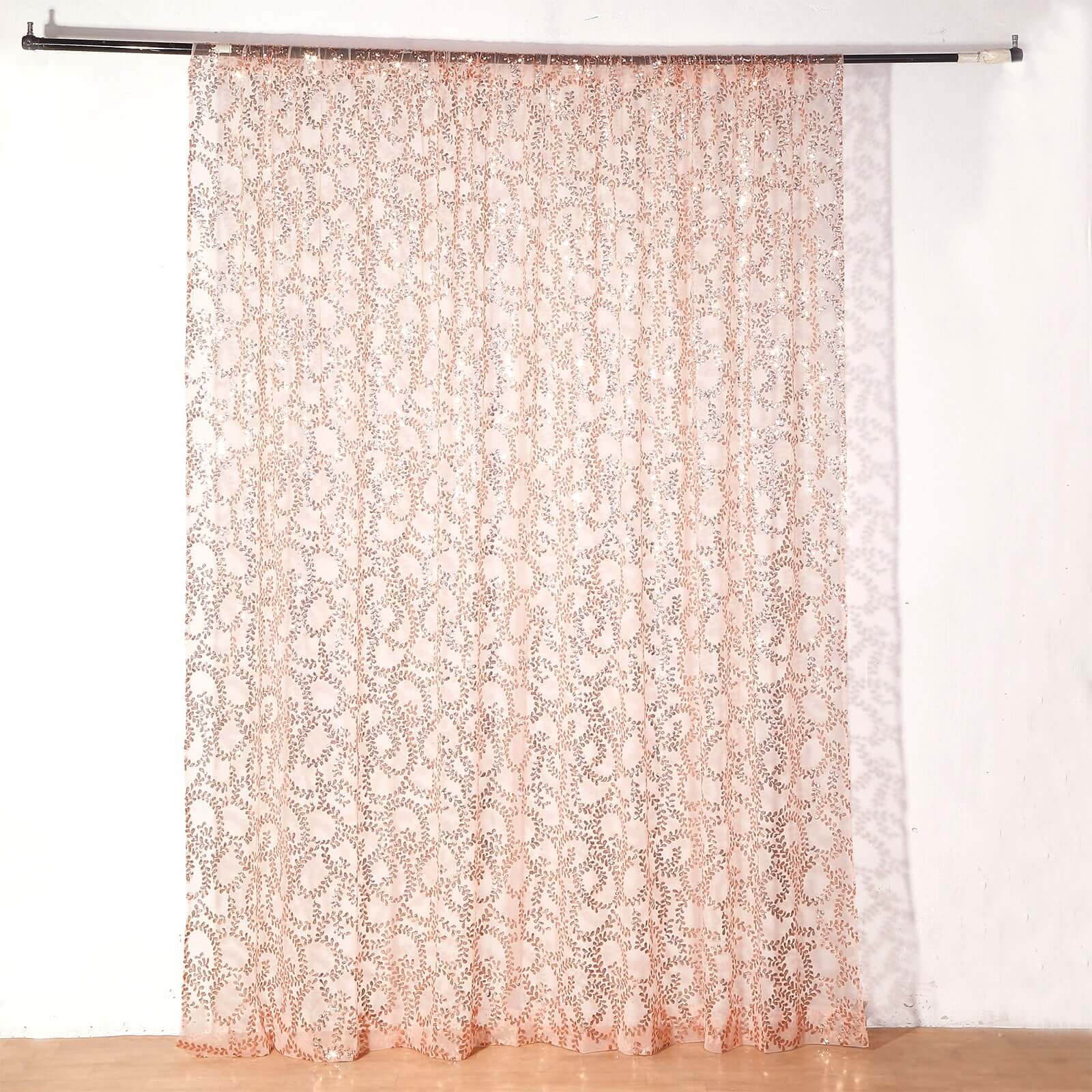 8ftx8ft Rose Gold Embroider Sequin Event Curtain Drapes, Sparkly Sheer Backdrop Event Panel With Embroidery Leaf