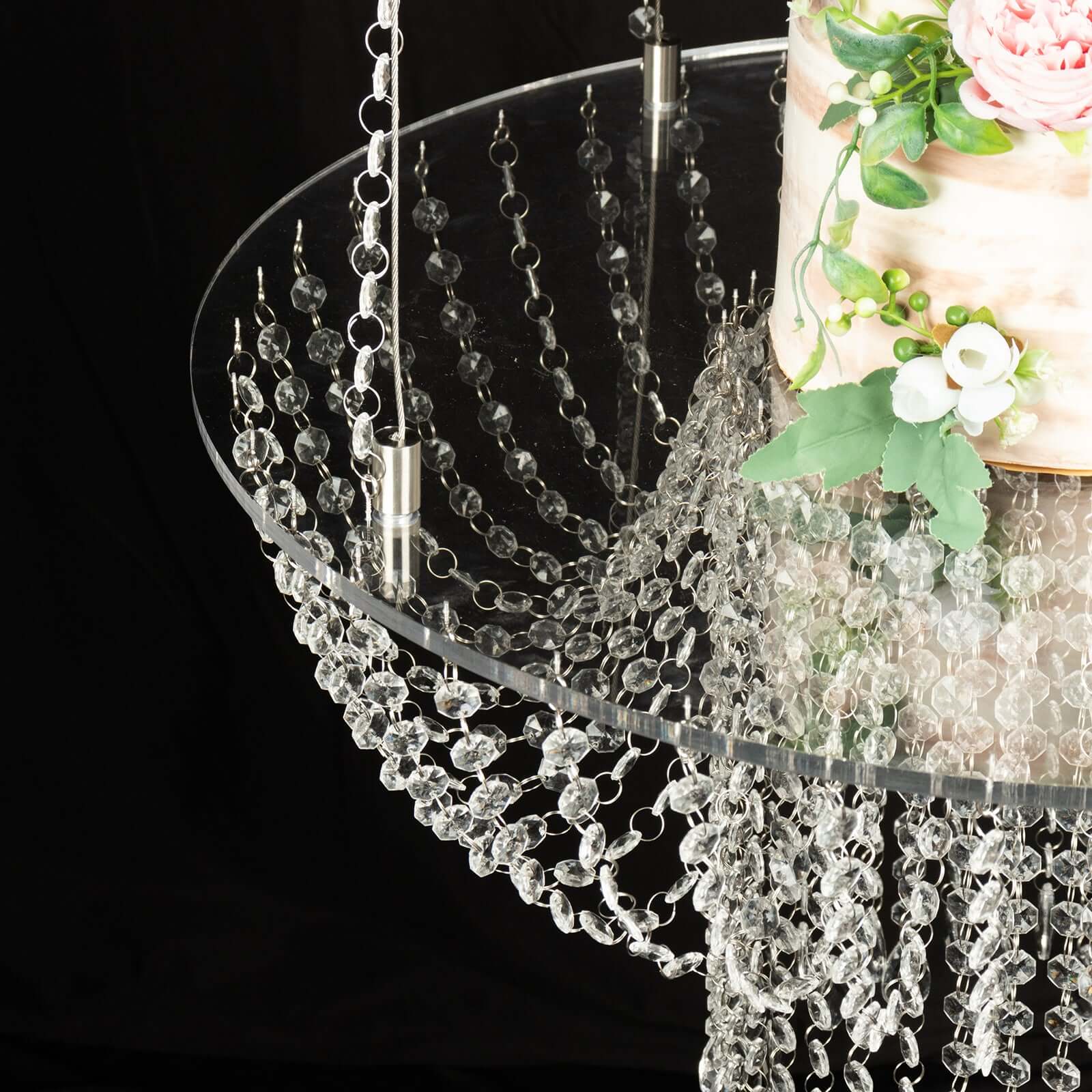 Acrylic Hanging Chandelier Cake Stand with Crystal Drapes - Suspended Round Wedding Cake Swing with 5ft Steel Wire Chains 25"