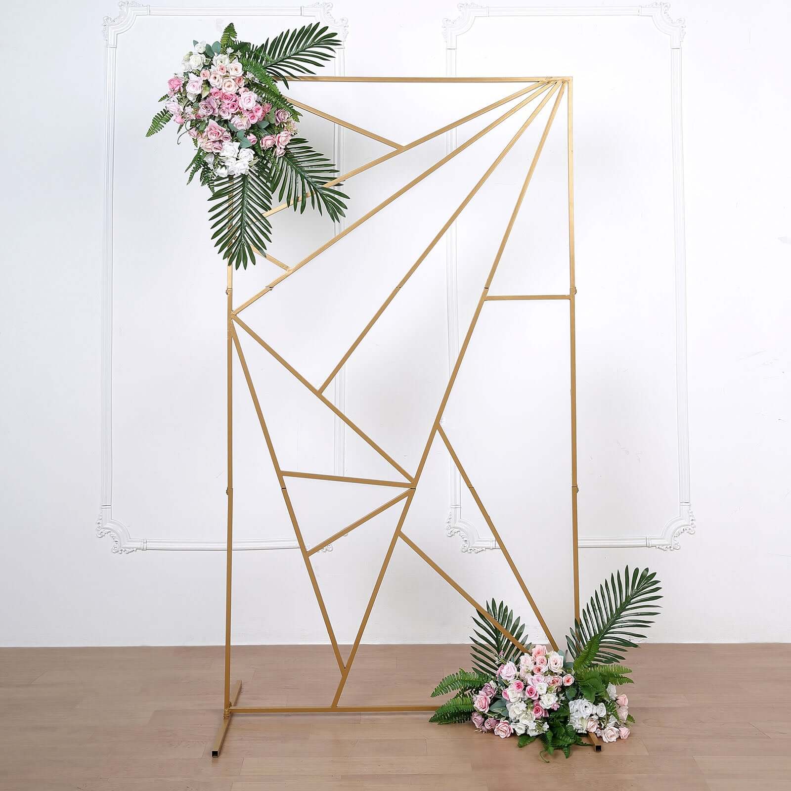 6ft Tall Gold Metal Rectangular Geometric Flower Frame Prop Stand, Wedding Backdrop Floor Stand With Cloudy Film Insert