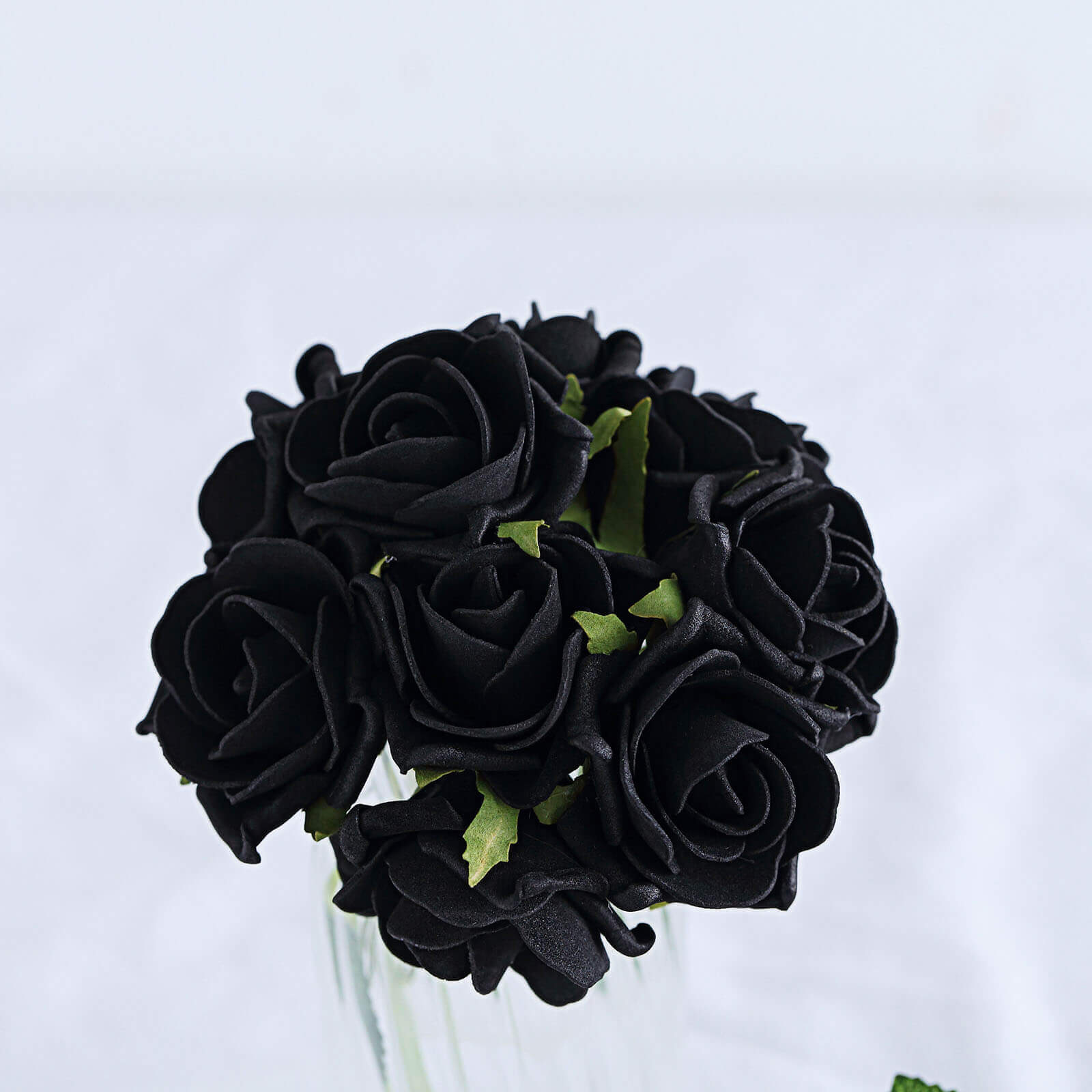 24 Roses 2" Black Artificial Foam Flowers With Stem Wire and Leaves