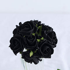 24 Roses 2" Black Artificial Foam Flowers With Stem Wire and Leaves