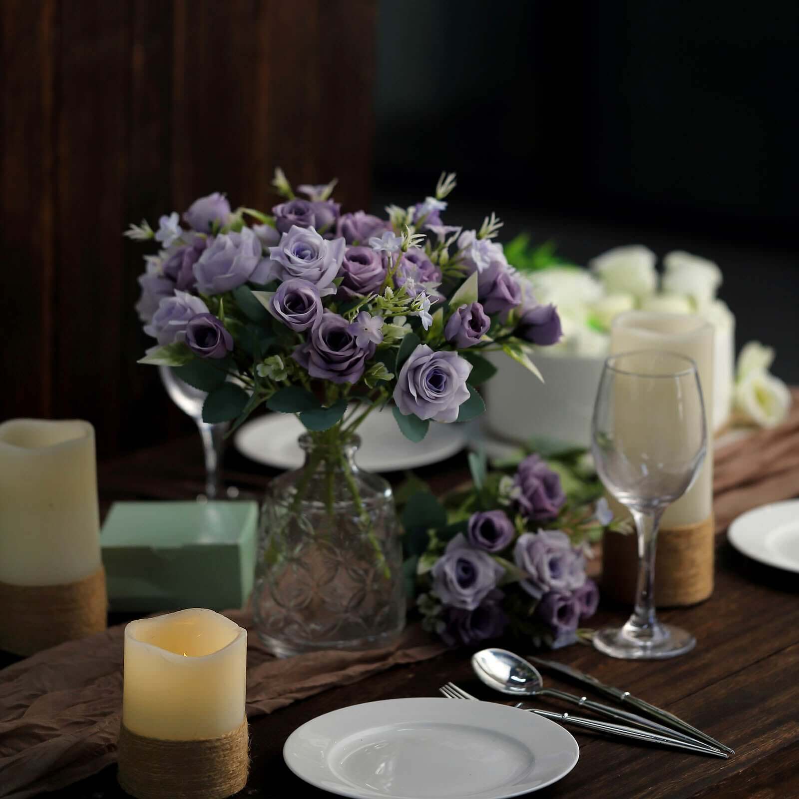 4 Bushes 12" Lavender Lilac Real Touch Artificial Silk Rose Flower Bouquet, Faux Bridal Flowers