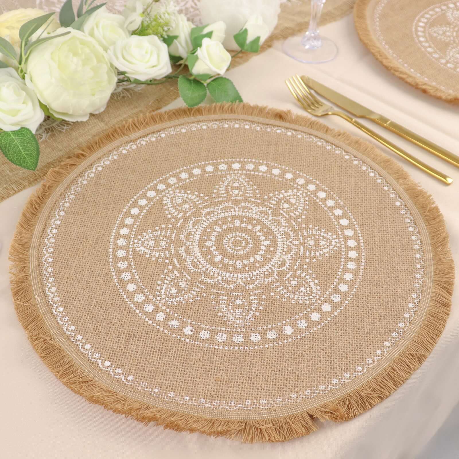 4-Pack Placemats White Embroidery Print Design Natural Jute Fringe Round - Rustic Burlap Woven Style 15"