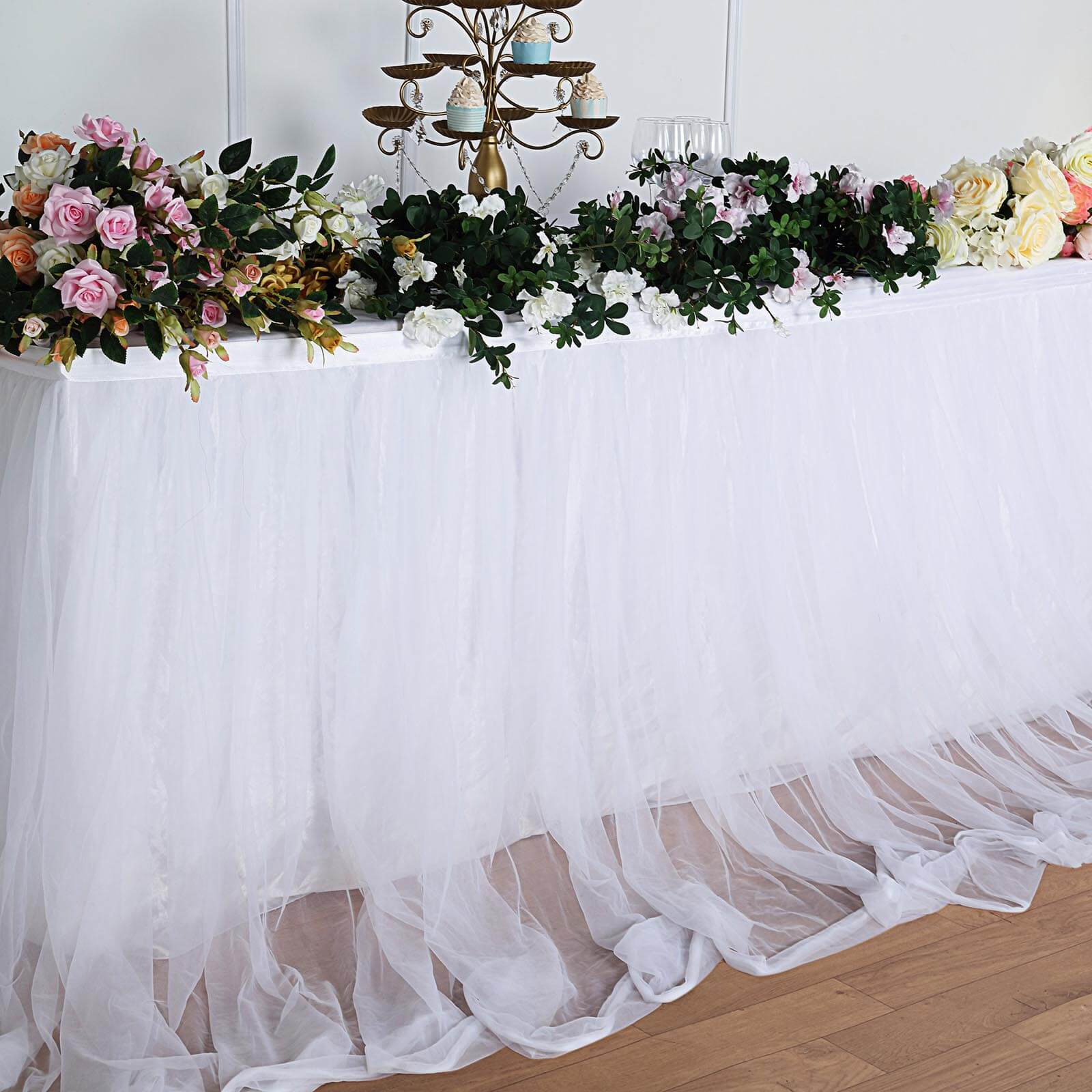 Extra Long Tulle 21ft Table Skirt White with Satin Edge - Table Cover for Baby Showers & Events