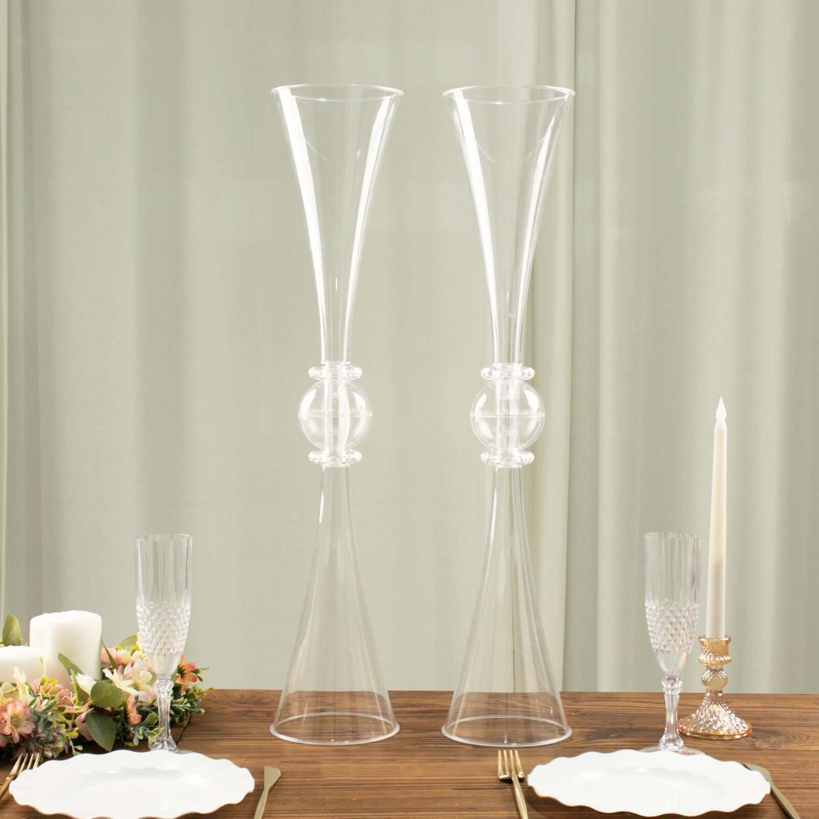 2-Pack Flower Vases Trumpet Design with Crystal Embellishments Clear - Reversible Plastic Centerpieces for Events 27"