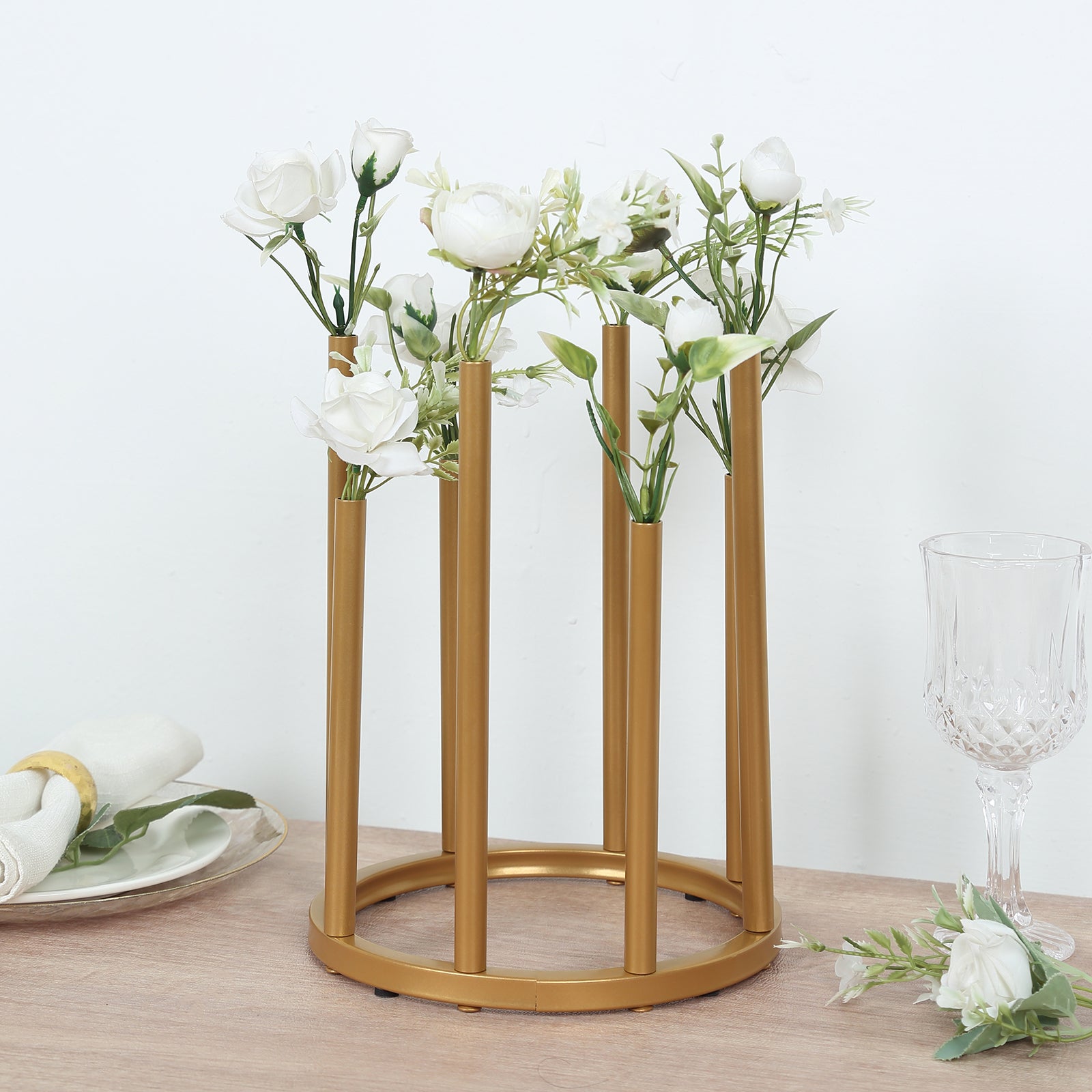 Flower Vase Gold Metal Minimalist 8-Tubes Round Base Design - Single Stem Bud Centerpiece for Arrangements 10"