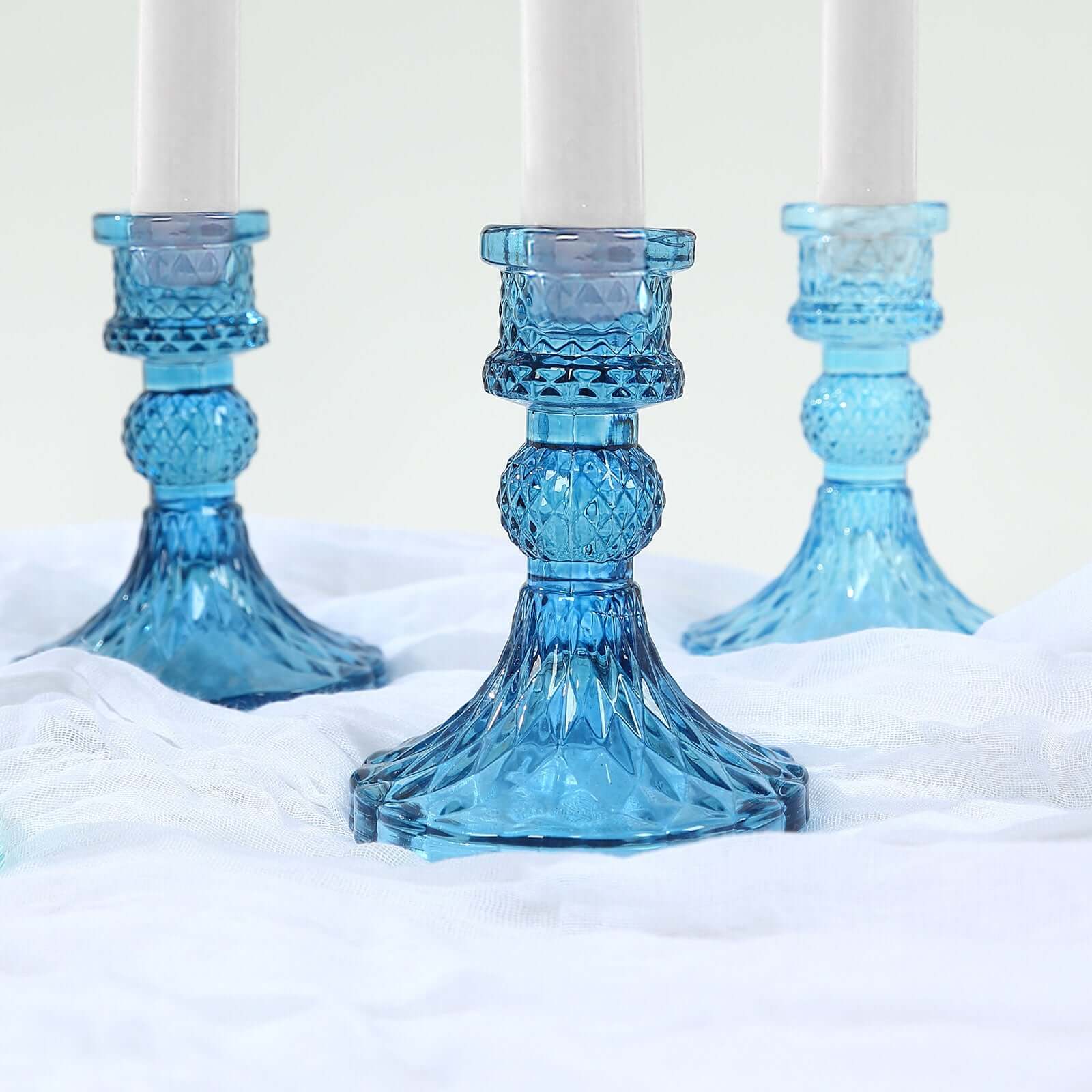 6-Pack Glass Taper Candlestick Holders Diamond Pattern Design Assorted Blue - Reversible Crystal Pillar Votive Stands 4"