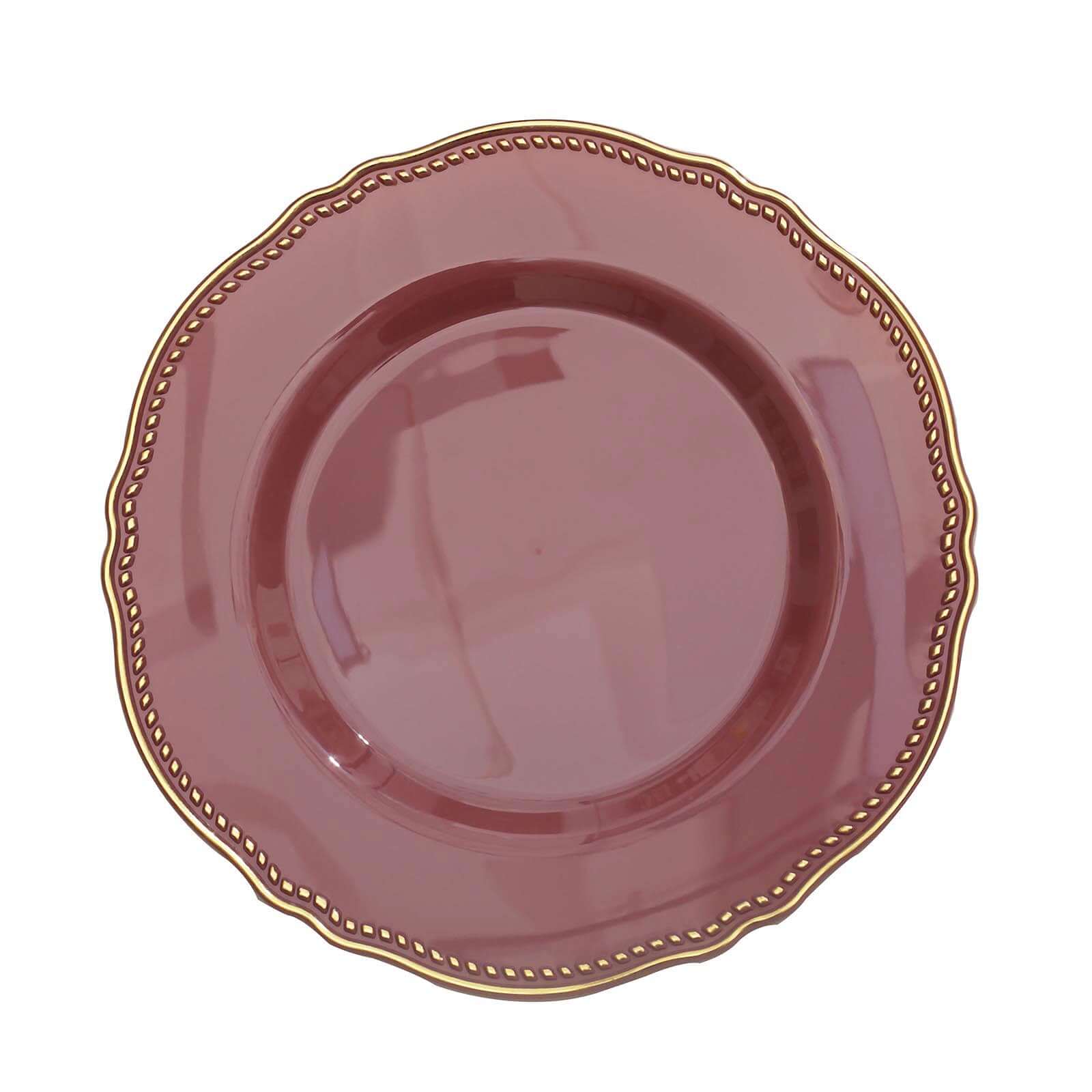 10-Pack Plastic 10" Dinner Plates in Cinnamon Rose with Gold Scalloped Rim - Disposable Large Party Plates