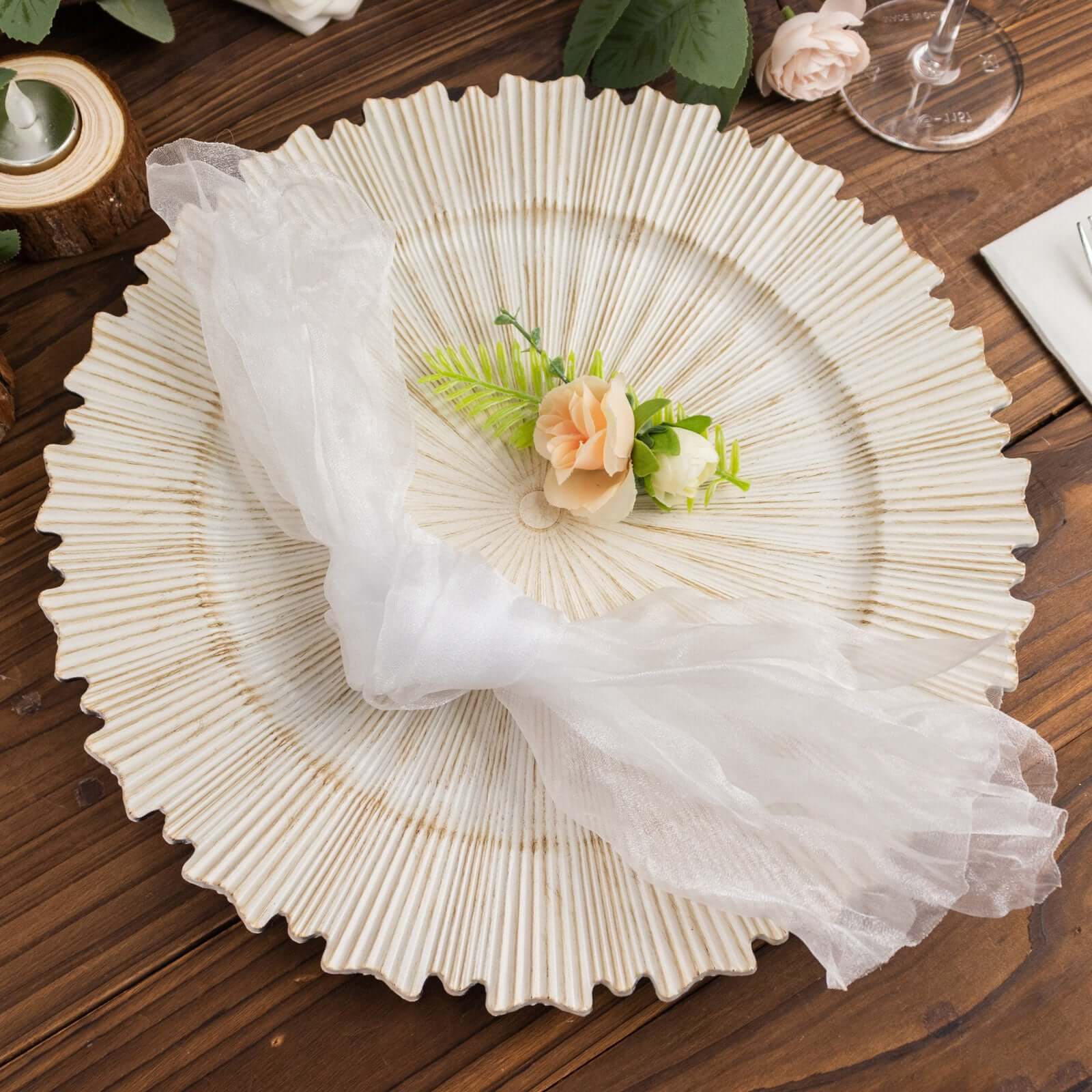 5 Pack Crinkled Organza 21"x21" Napkins White - Classy Rustic Style Dinner & Party Napkins