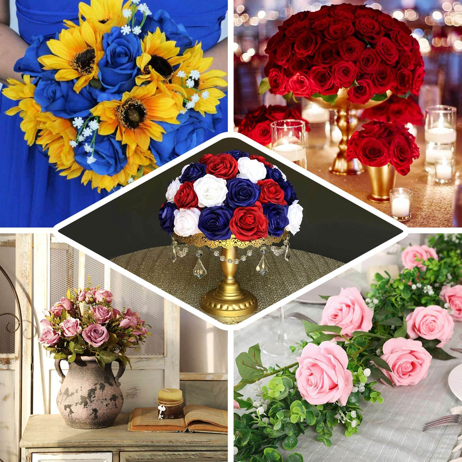 2 Bushes 17" Royal Blue Premium Silk Jumbo Rose Flower Bouquet, High Quality Artificial Wedding Floral Arrangements