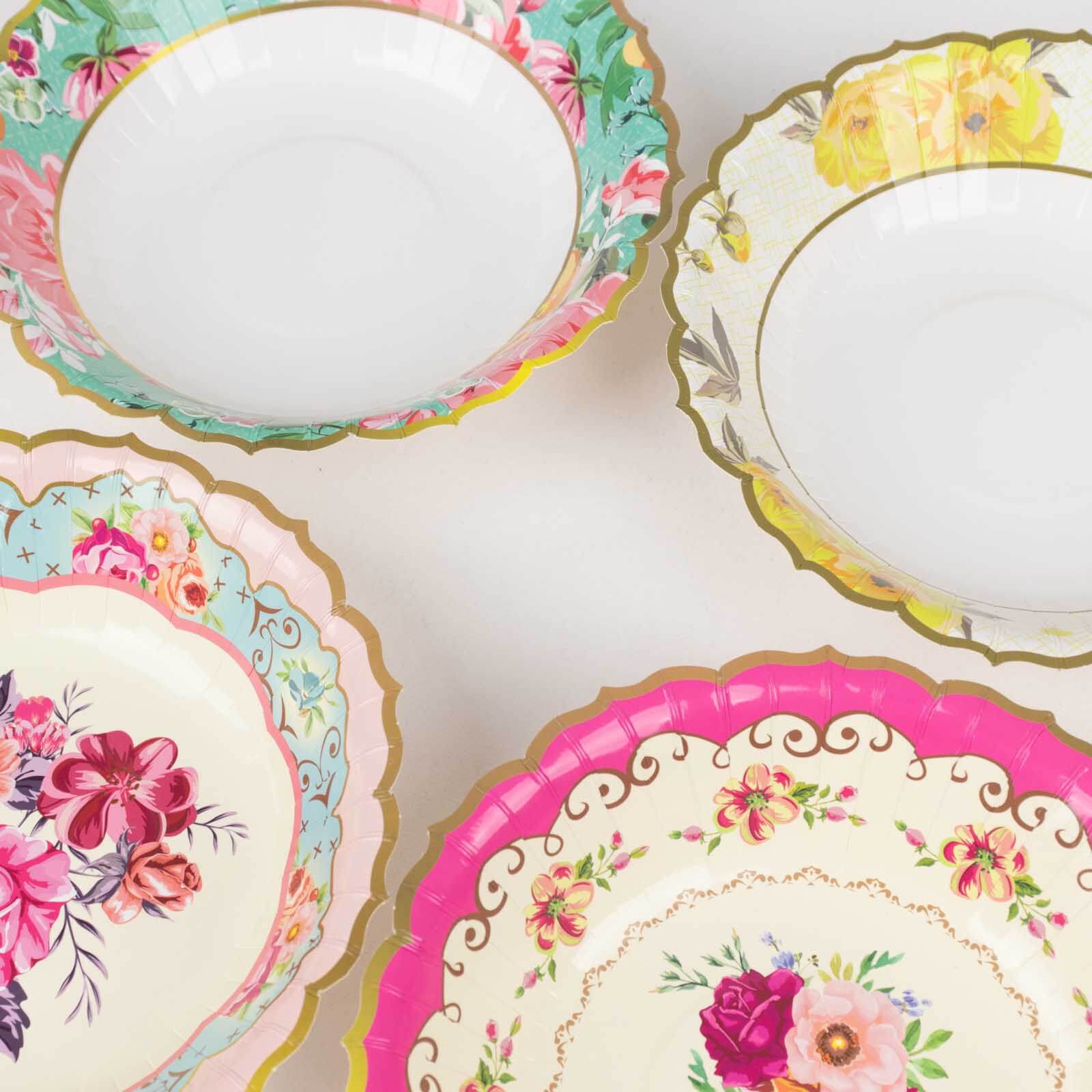 24-Pack Paper Dessert Bowls Vintage Mixed Floral Design Round - Ideal for Parties and Salads 7" 300 GSM