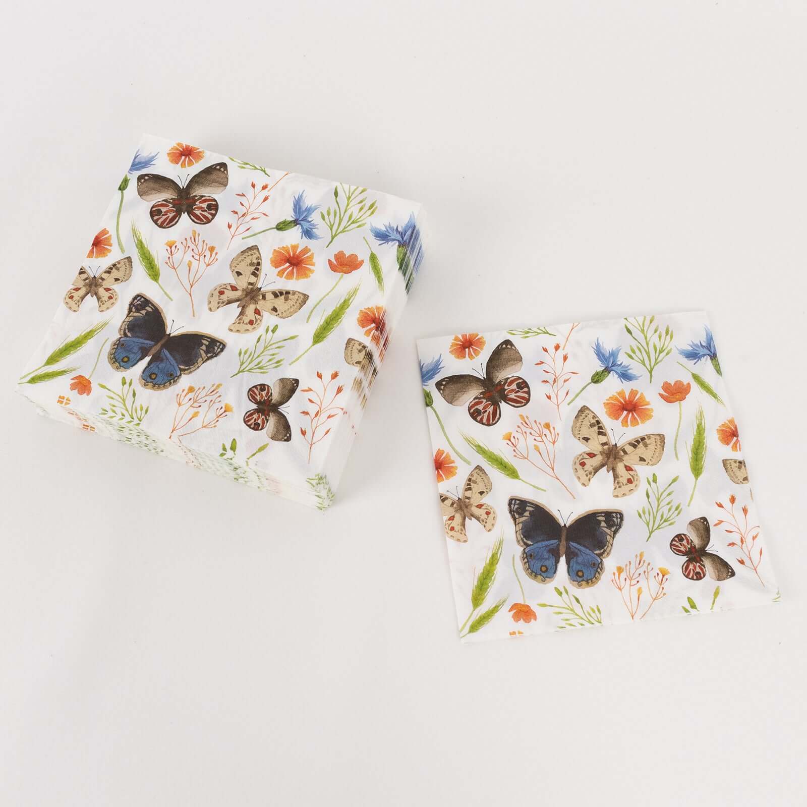 50-Pack Paper Beverage Napkins with Field Herbs and Butterfly Print Ivory - 2 Ply Disposable 18GSM Garden Party Napkins 6.5"x6.5"