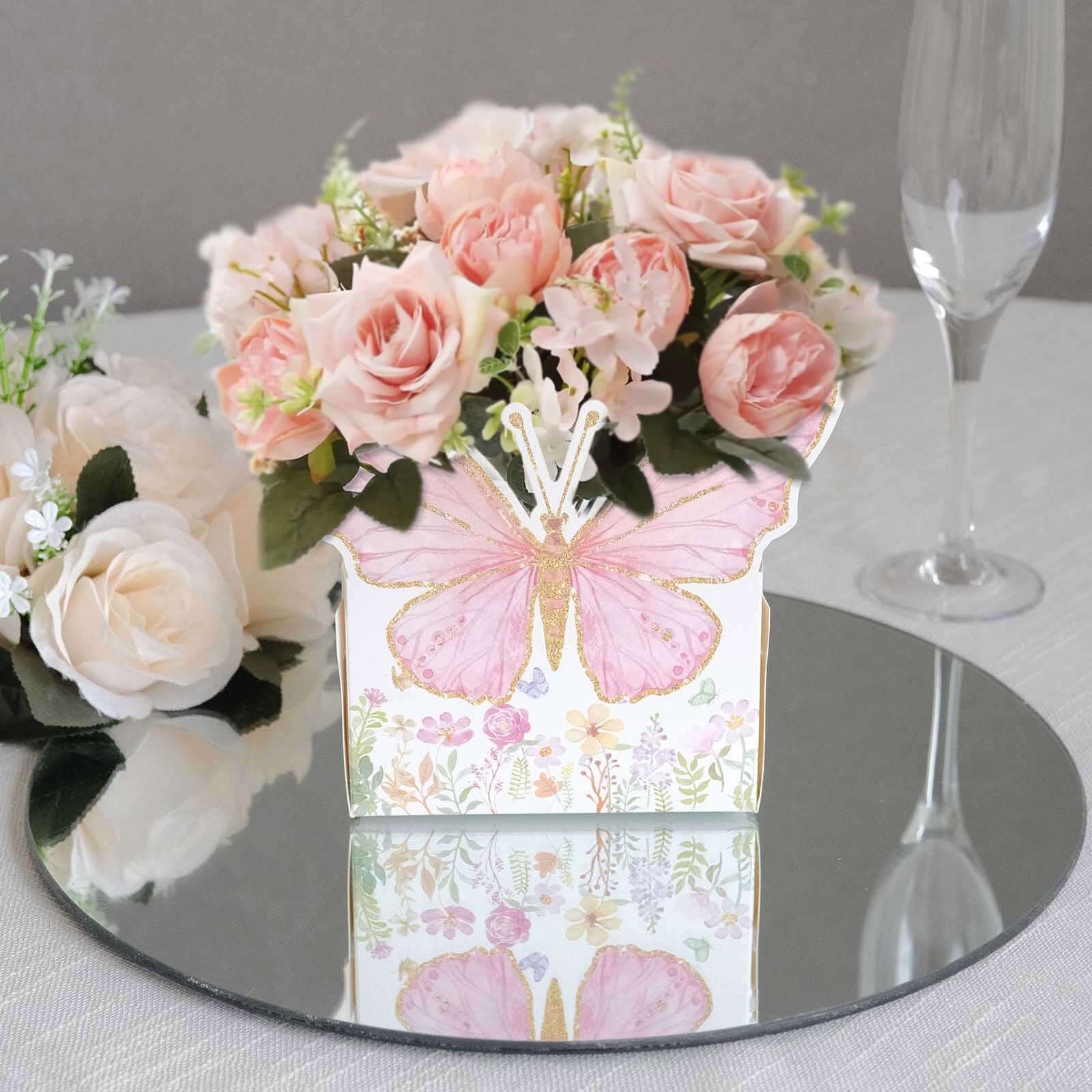 25-Pack Disposable Food Trays White/Pink Glitter Butterfly Design Cardstock - Whimsical Disposable Serving Tray Food Boats for Girls Birthday Baby Shower Party Supplies 6"x7"