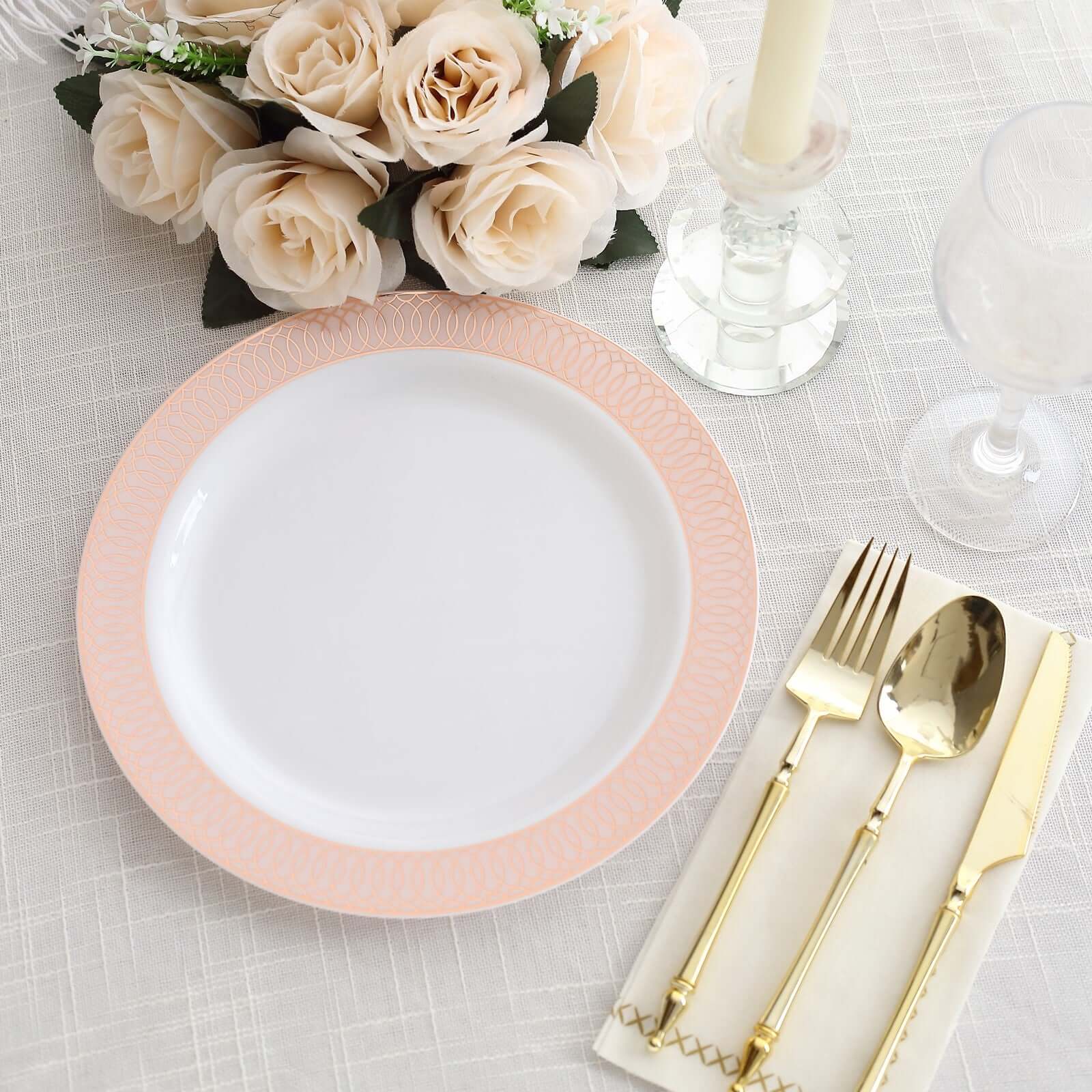 10-Pack Plastic Round Dinner Plates 10" White with Blush Rose Gold Spiral Rim - Chic Disposable Party Plates