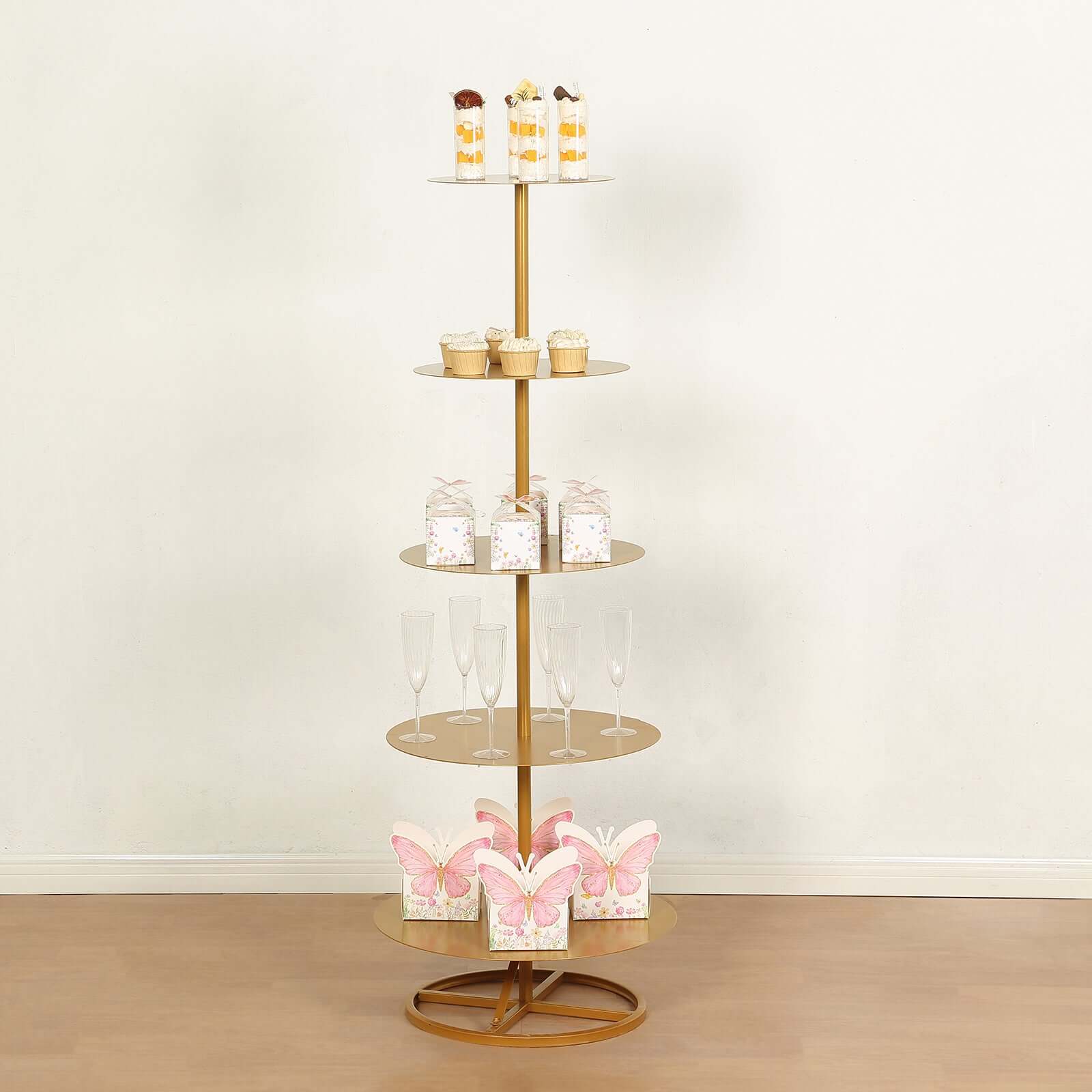 5 Tier Champagne Tower Stand Gold Metal Round Dessert Display Cupcake Holder - Sturdy Event Centerpiece 4.5ft Tall