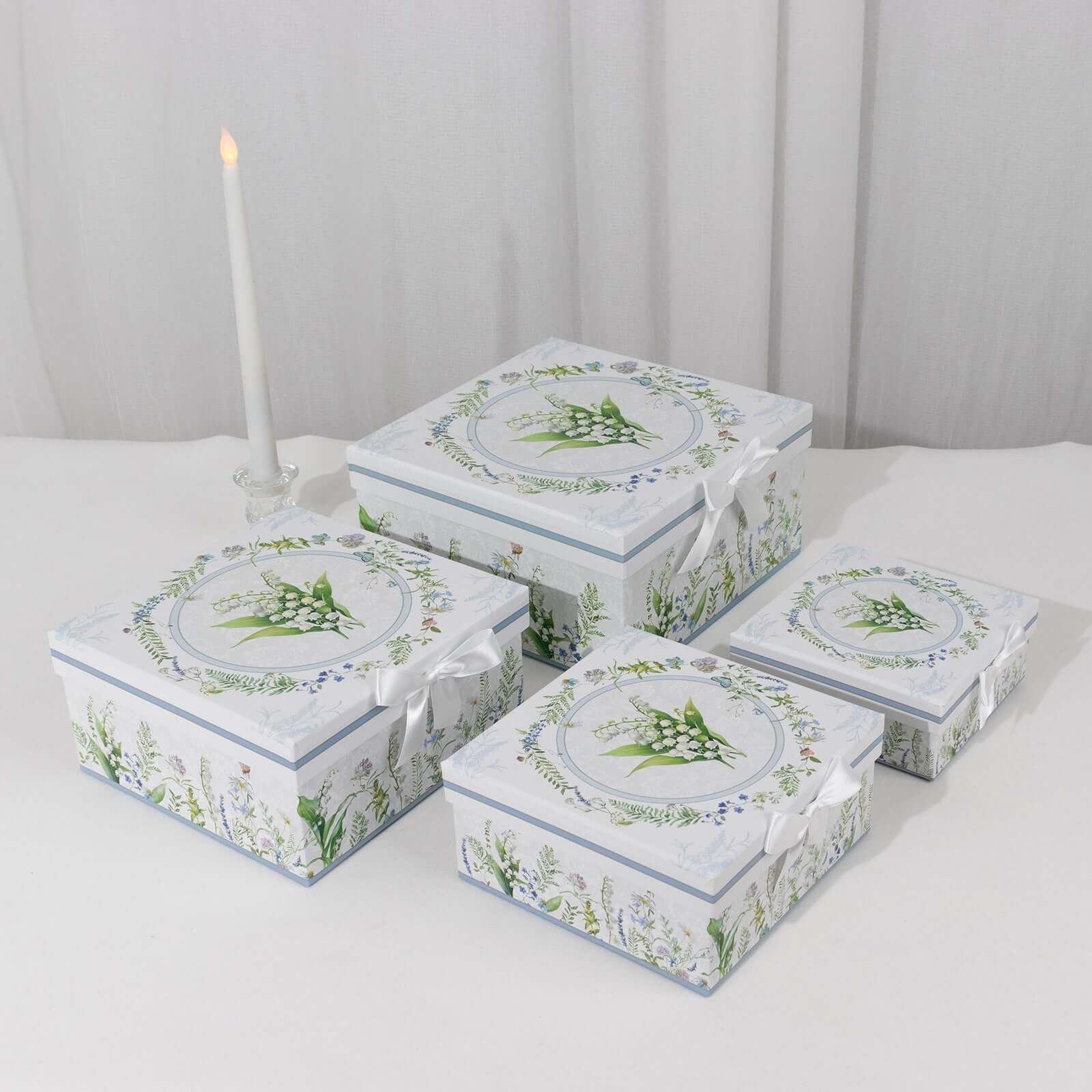 Set of 4 Cardstock Square Nesting Gift Boxes White Green Floral Design - Decorative Heavy Duty Stackable Keepsake Boxes With Lids for Presents Storage & Pedestal Stand 6",7",8",9"