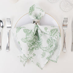 5 Pack Polyester 20"x20" Dinner Napkins White with Dusty Sage Green French Toile Pattern - Reusable Floral Cloth Napkins