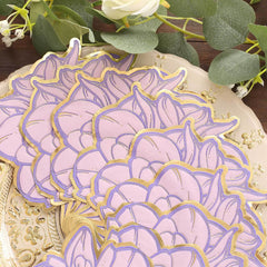 20-Pack Paper Cocktail Napkins with Purple Peony Flower Shape and Gold Edges - Stylish Disposable Party Napkins