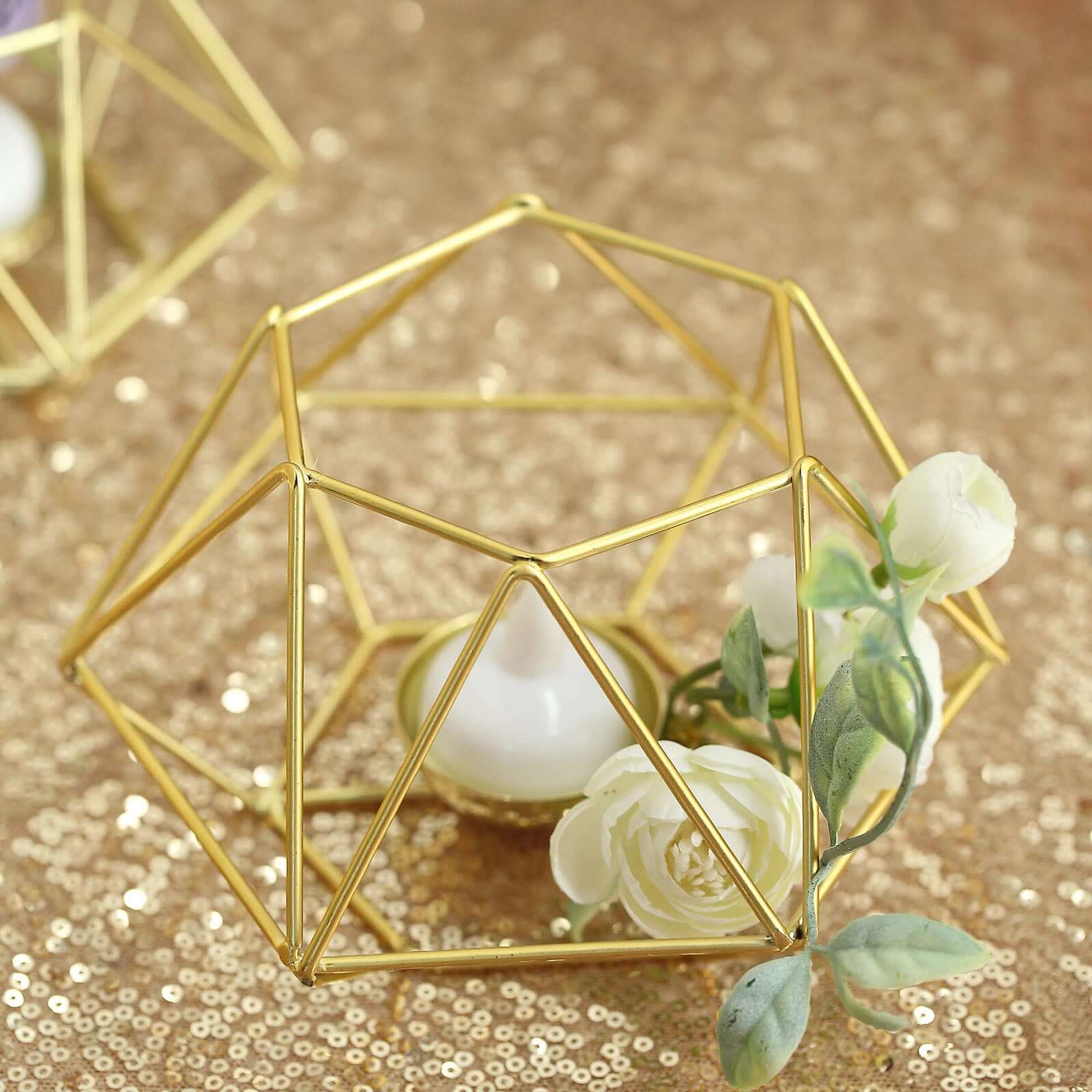 Set of 2 Candle Holders Metal Hexagon Geometric Design Gold - Modern Decorative Centerpieces for Tables 4"x3"