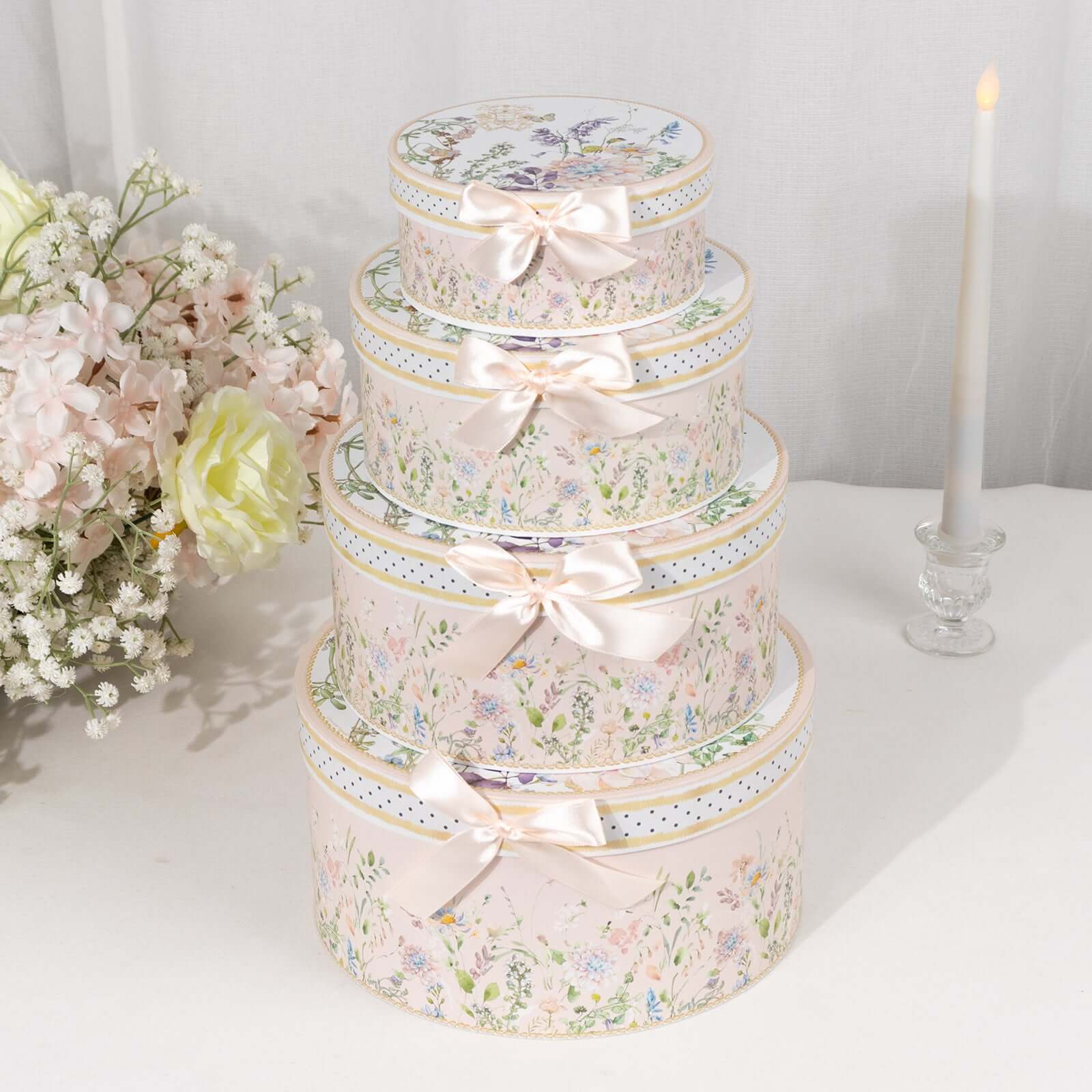Set of 4 Cardstock Round Nesting Gift Boxes Blush Floral Design - Decorative Heavy Duty Stackable Keepsake Boxes With Lids for Presents Storage & Pedestal Stand 5",7",8",9"