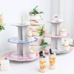 2-Pack Cardboard Round Cupcake Stand Assorted Floral Design - 3-Tier Reusable Dessert Display Pedestal With Scalloped Edges for Garden-Themed Celebrations 14"