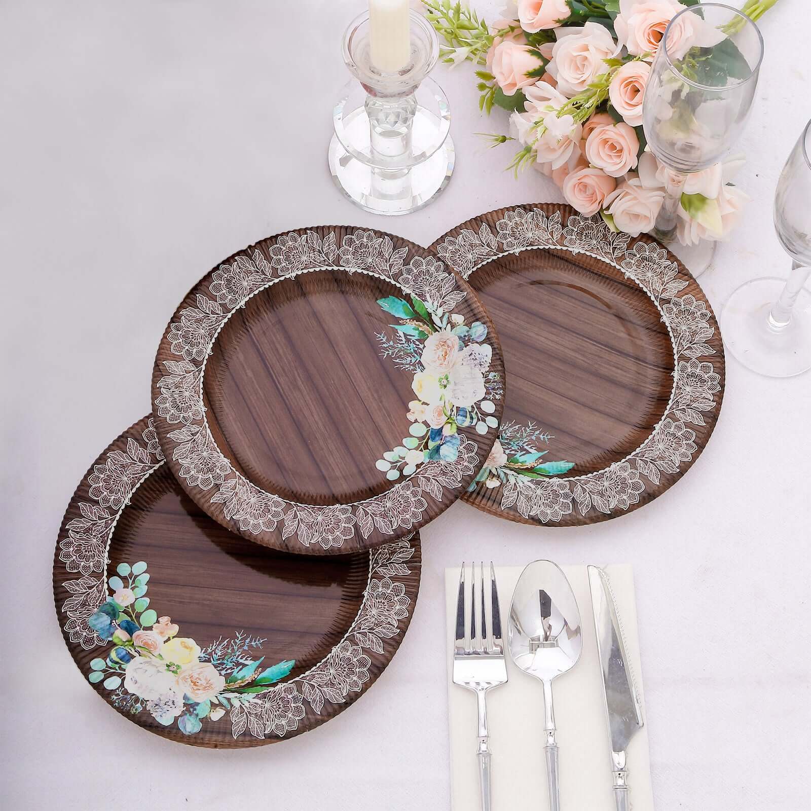 25-Pack Disposable Round Charger Plates in Brown Rustic Wood Print with Floral Lace Rim - Durable Paper Chargers for Rustic Themes & Outdoor Events 13"