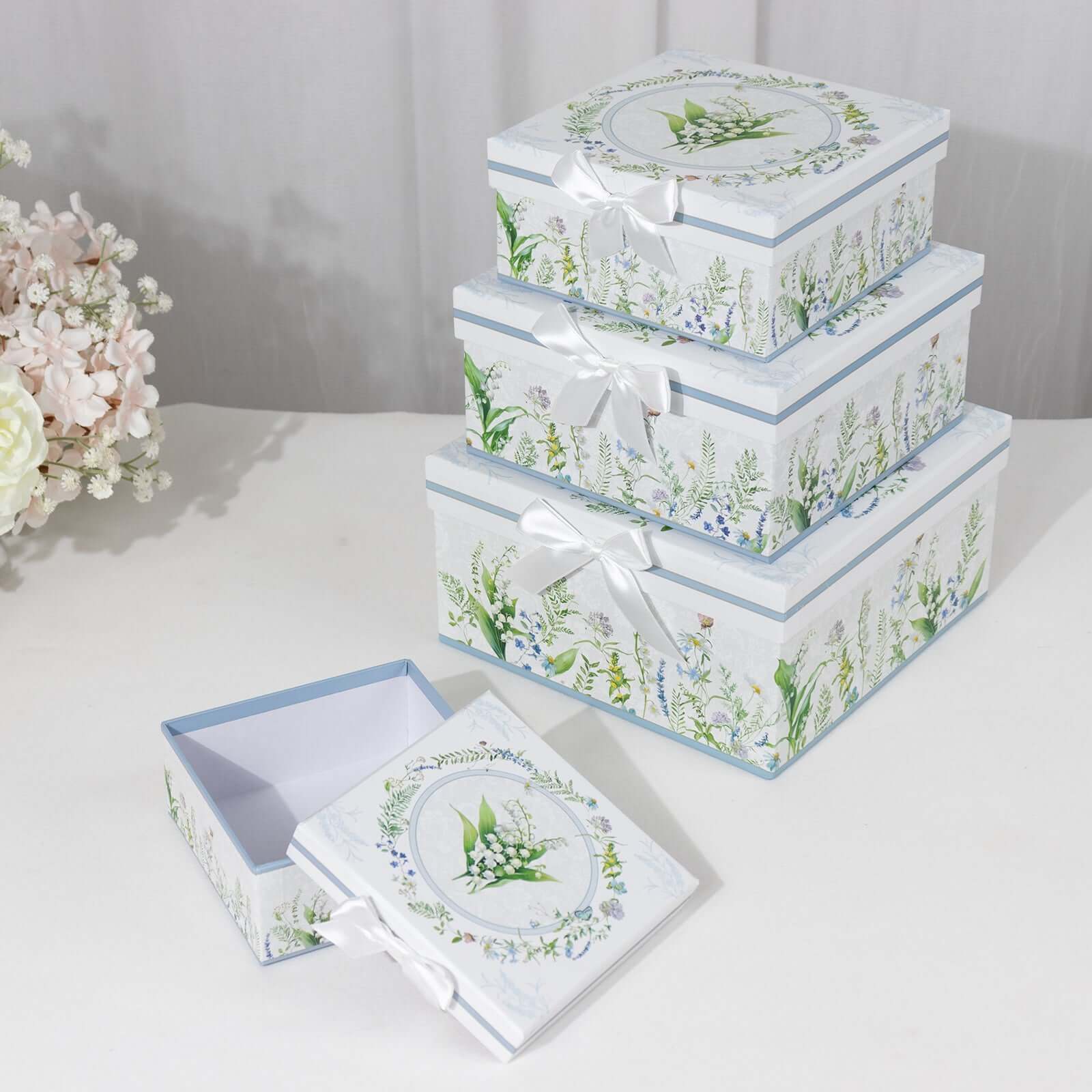 Set of 4 Cardstock Square Nesting Gift Boxes White Green Floral Design - Decorative Heavy Duty Stackable Keepsake Boxes With Lids for Presents Storage & Pedestal Stand 6",7",8",9"