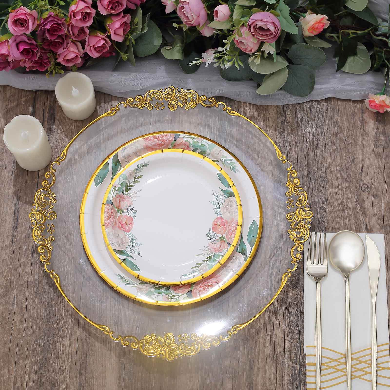 25-Pack Paper 9" Round Dinner Plates White with Peony Floral Design & Gold Rim - Disposable Floral Party Plates for Brunches & Afternoon Teas