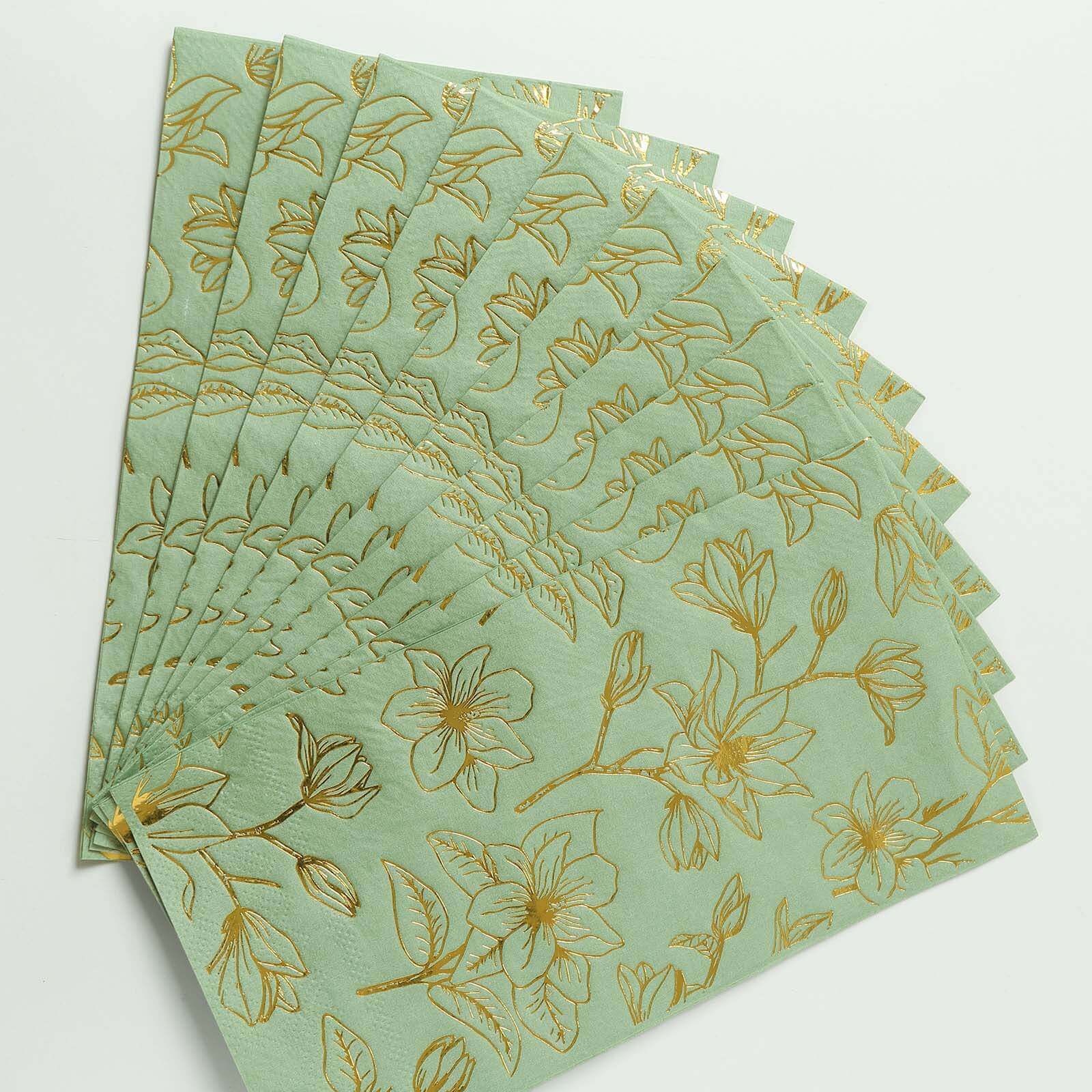 50-Pack Paper Dinner Napkins Sage Green with Gold Magnolia Flowers Print 2-Ply - Disposable Soft Napkins for Parties