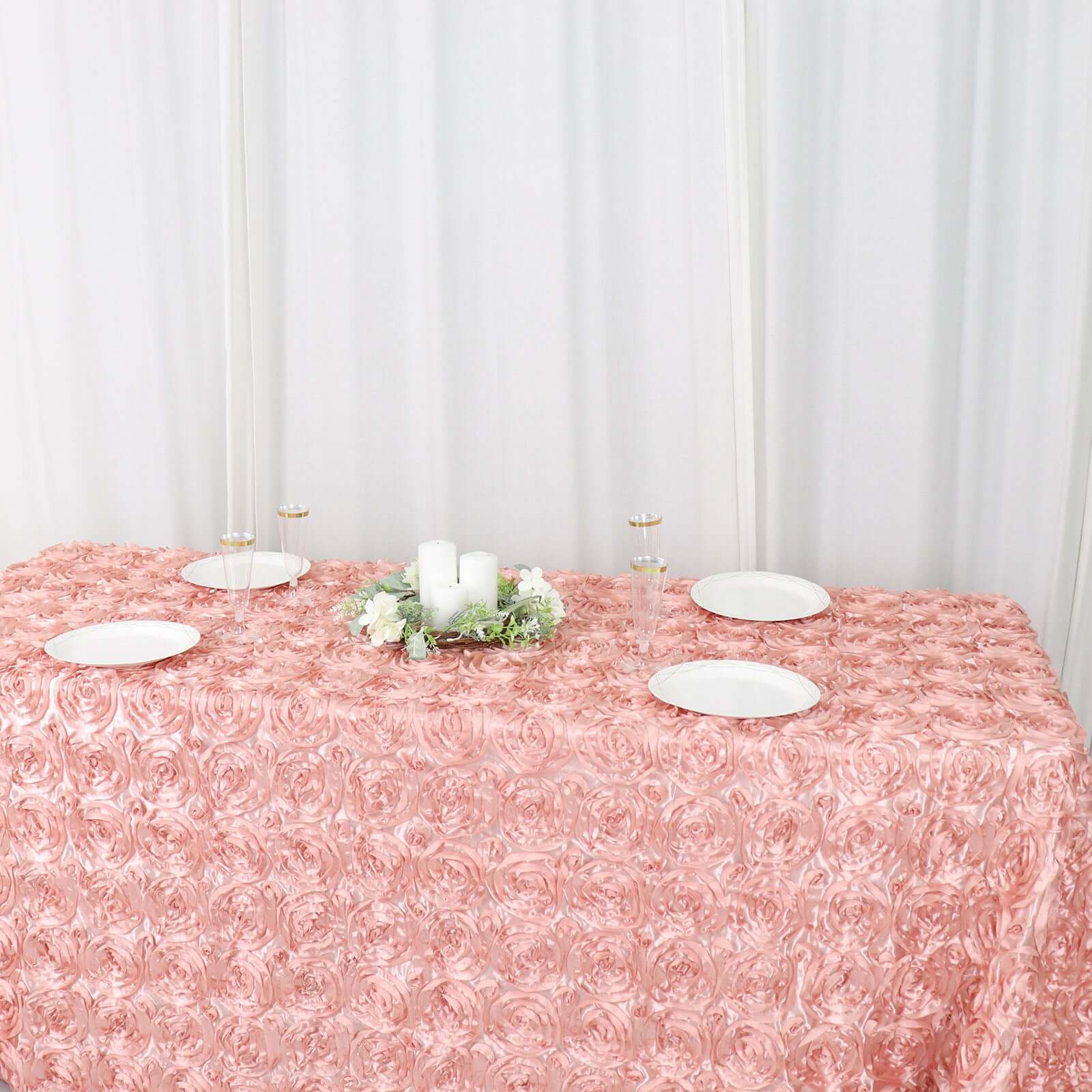 Satin 90"x132" Rectangle Tablecloth Dusty Rose - Grandiose 3D Rosette Seamless Table Cover