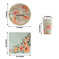 72 Pcs Paper Dinnerware Set with Pink Floral Print Sage Green - Disposable Tableware Combo-Pack with Plates and Cups