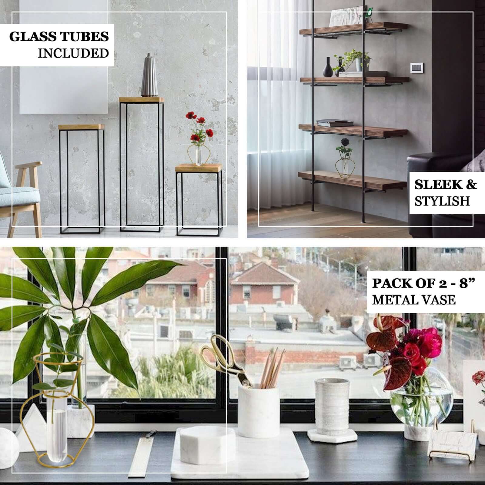 2-Pack Flower Stands Gold Metal Frame Geometric Design - Test Tube Vase Centerpieces 6.5"