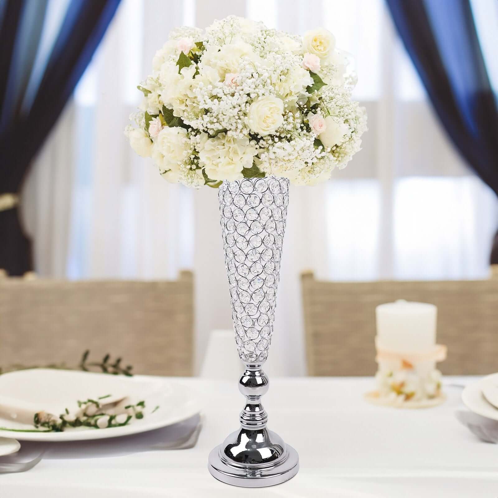 2-Pack Crystal Beaded Trumpet Vase Set Silver - Table Centerpiece for Weddings and Events 32"