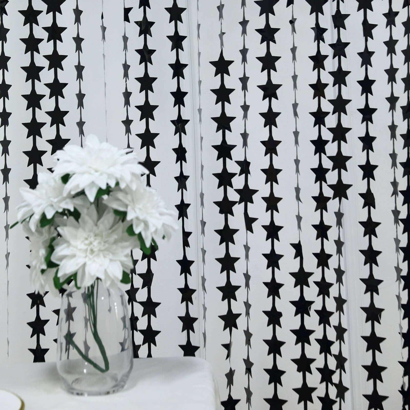 Black Star Chain Foil Fringe Curtain Party Backdrop, Metallic Black Tinsel Streamer Party Decor - Door Window Foil Curtain - 3ftx6.5ft