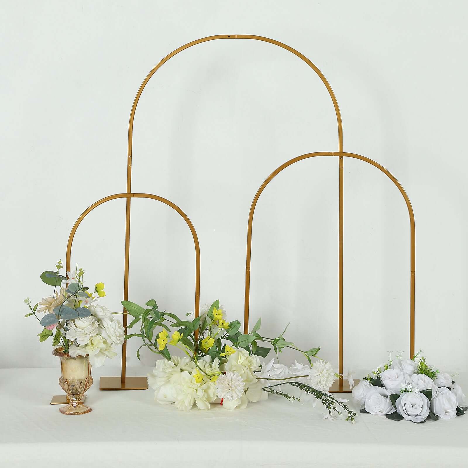 Set of 3 Chiara Arch Table Centerpieces Gold Metal - Detachable Flower Stand Frame for Weddings 20", 23", 35"