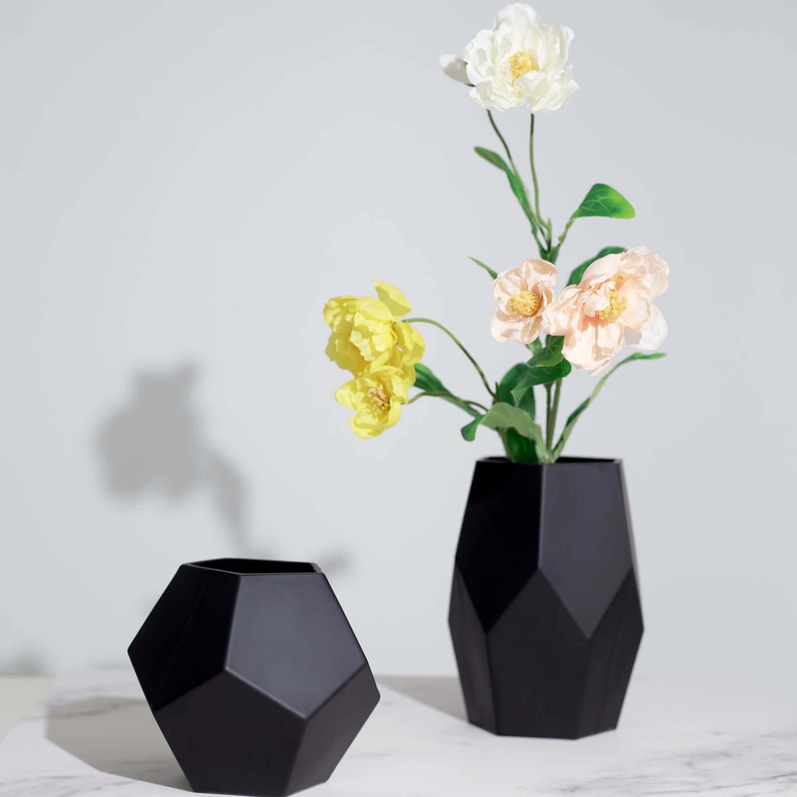 Set of 2 Glass Flower Vases Geometric Design Matte Black - Stylish Modern Candle Holder Centerpieces 5", 8"