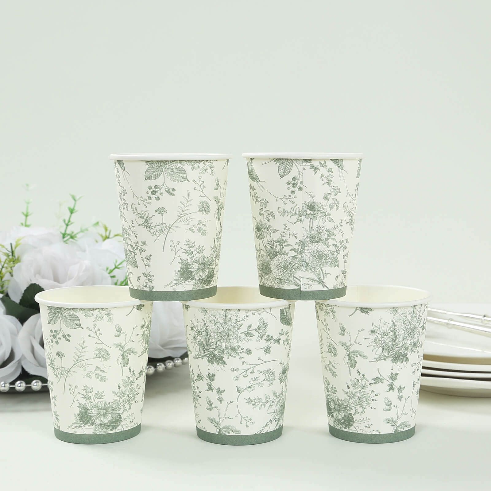 24 Pack Disposable Paper Cups in White Sage Green French Toile Pattern, Elegant Party Cups - 9oz