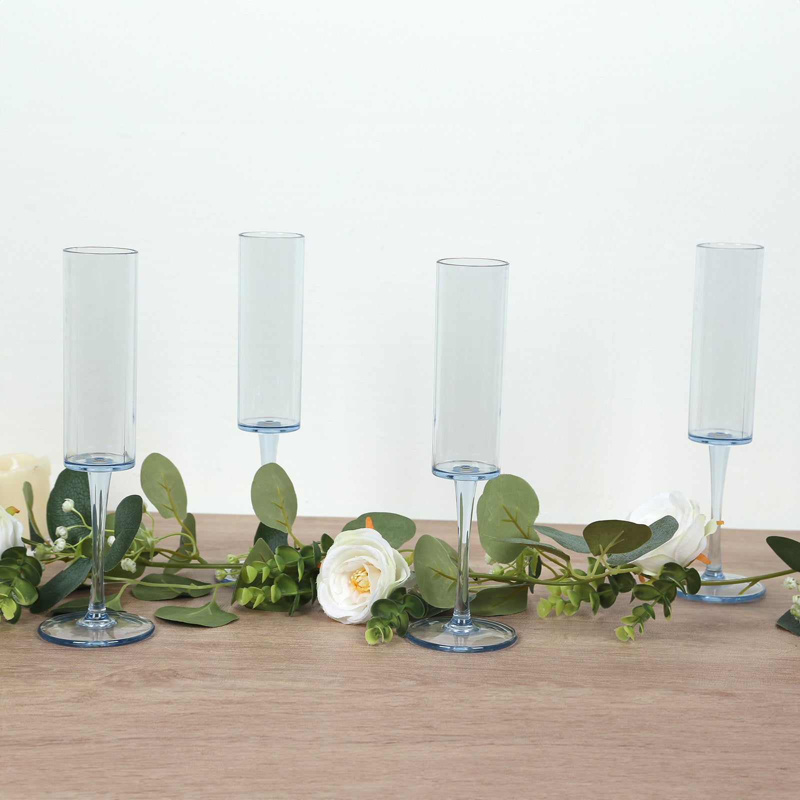 6-Pack Plastic Wine Mimosa Goblets Transparent Dusty Blue Cylindrical Shape - Reusable Champagne Flute Glasses 9.5" Tall 6oz