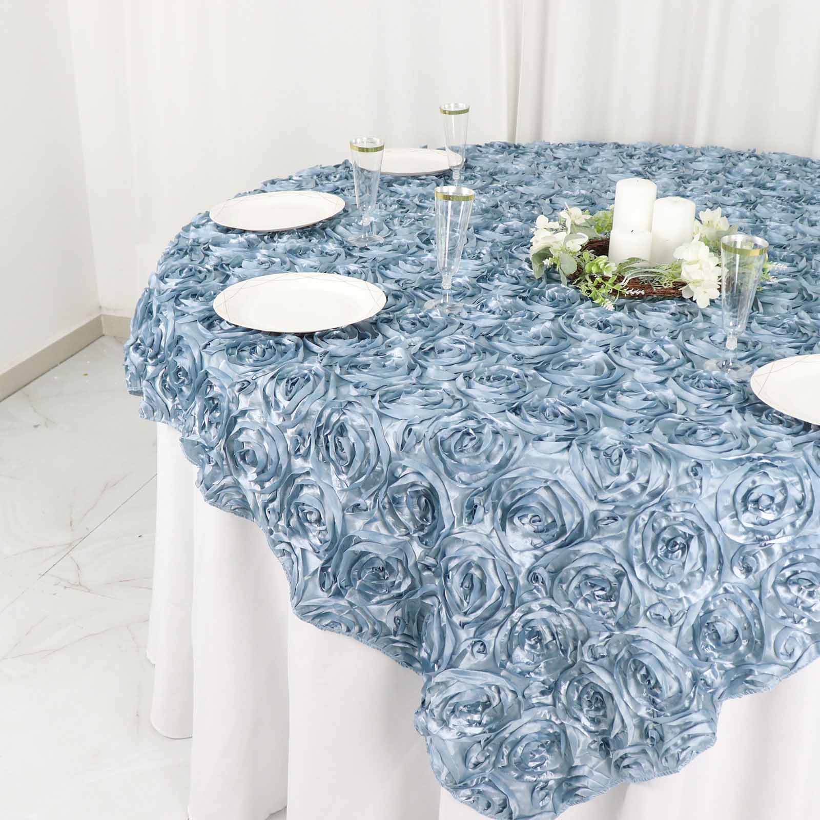 Satin 72"x72" Table Overlay Square Tablecloth Dusty Blue - 3D Rosette Table Cover