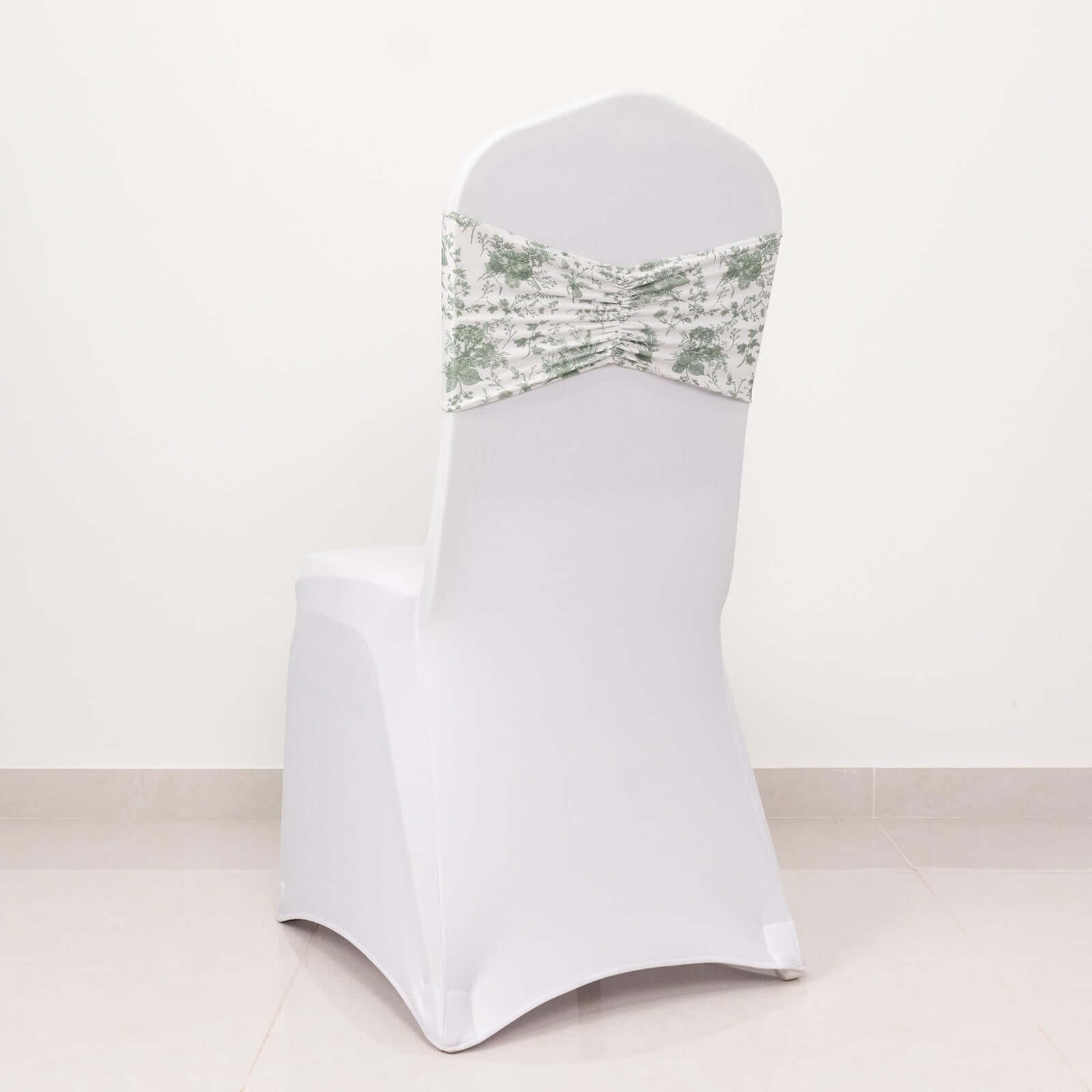 5 Pack Spandex Chair Sashes White/Dusty Sage Green French Toile Floral Pattern - Wide Wrinkle-Free Stretchable Chair Bands 8"x13"