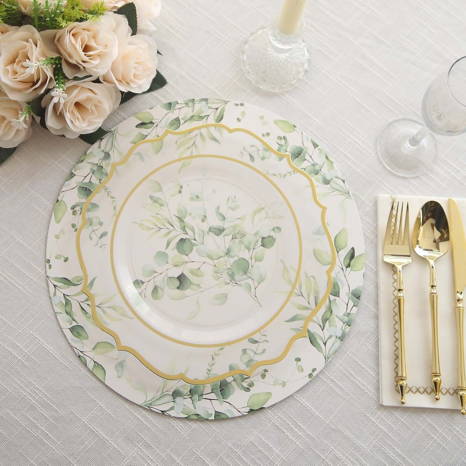 6-Pack Disposable Charger Plates in Eucalyptus Leaves Print 13" in White/Green - 700GSM Floral Paper Chargers for Stylish & Easy Cleanup