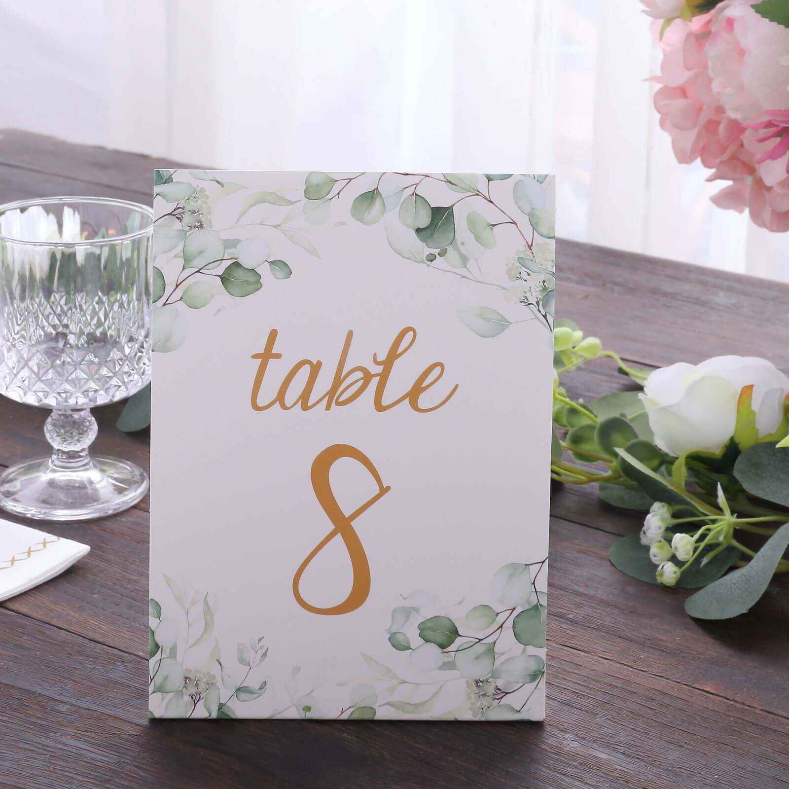 25-Pack Paper Wedding Table Numbers 1-25 White/Green Eucalyptus Leaves Design - Free Standing Double Sided Table Signs with Glam Gold Foil Numbers 7"