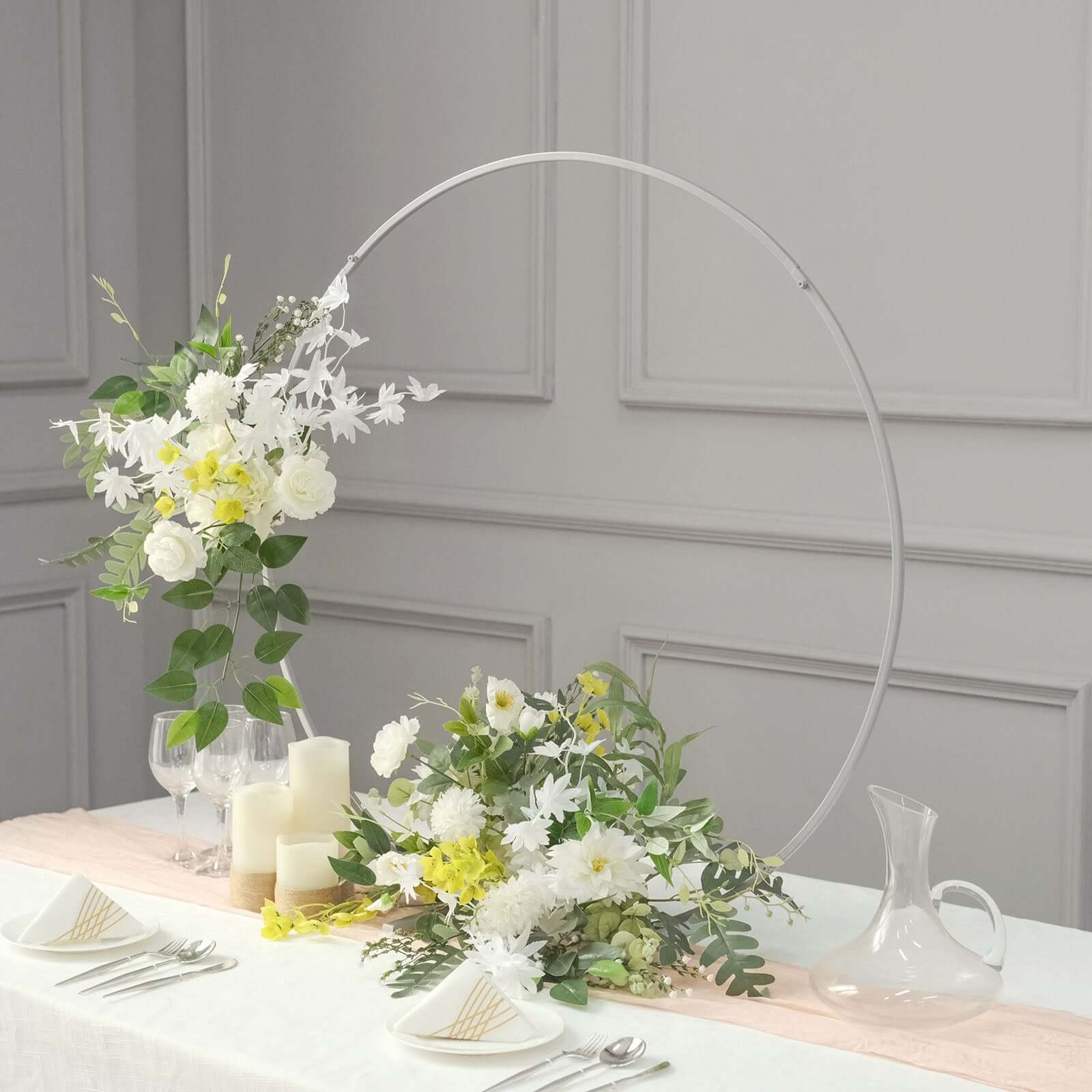 Round Wedding Hoop Table Centerpiece Metal Silver - Self-Standing Floral Wreath Frame for Events 36"