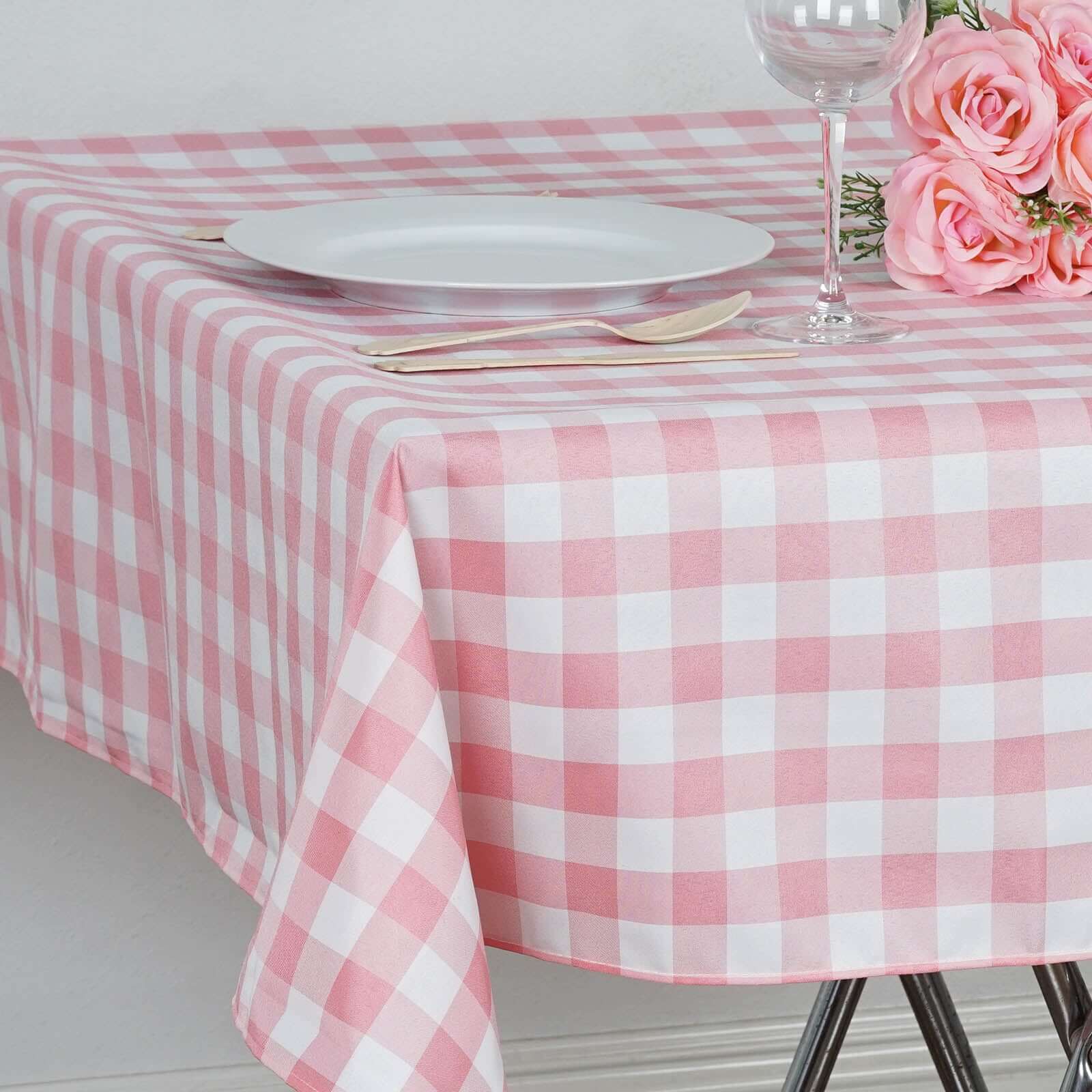Polyester 54"x54" Table Overlay Square Tablecloth White/Rose Quartz - Checkered Buffalo Plaid Design for Casual Table Settings