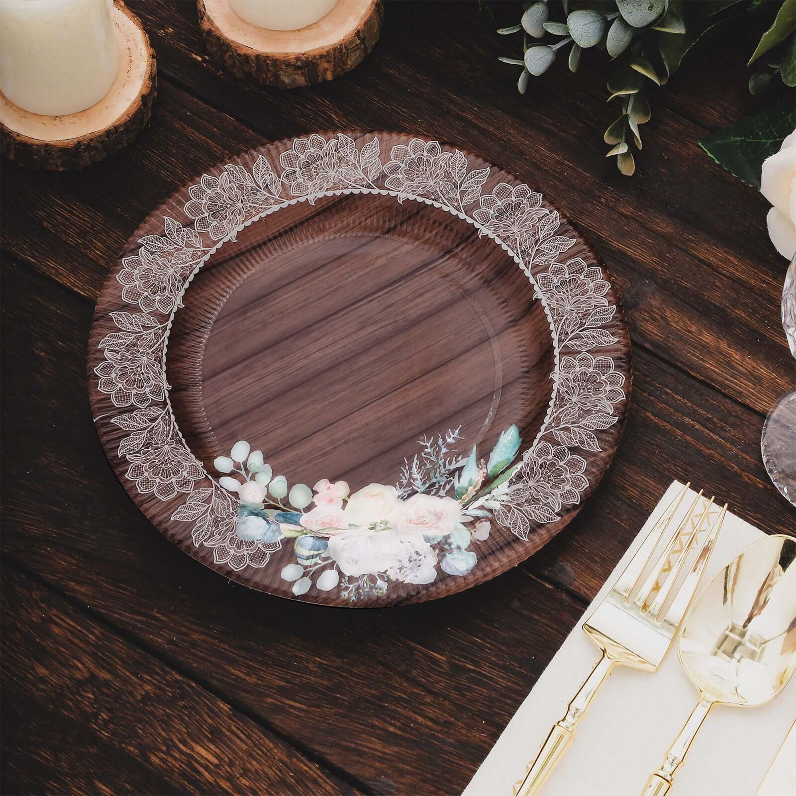 25-Pack Disposable Round Charger Plates in Brown Rustic Wood Print with Floral Lace Rim - Durable Paper Chargers for Rustic Themes & Outdoor Events 13"