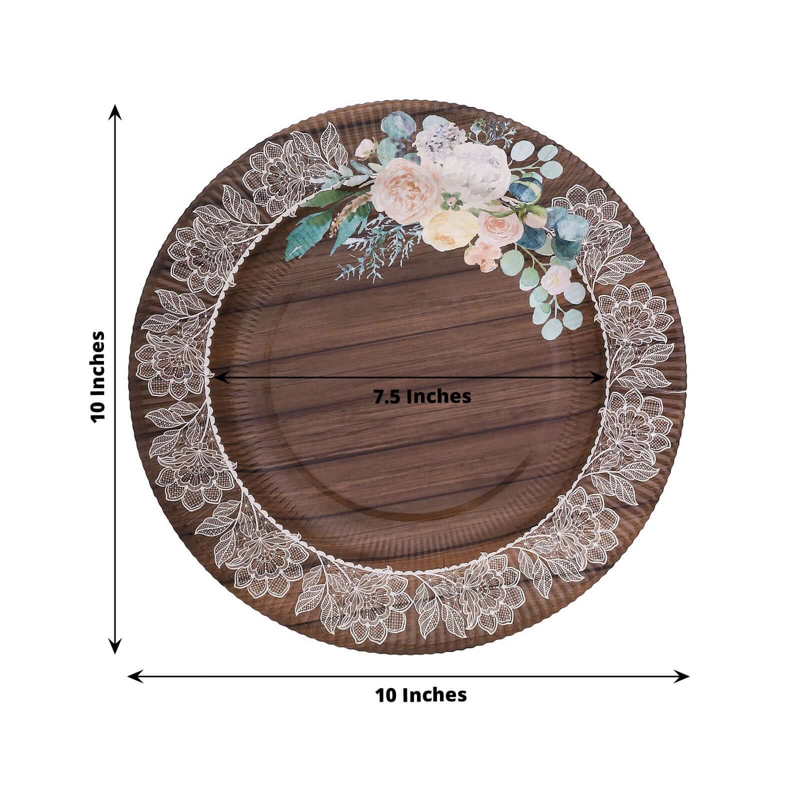 25-Pack Paper 10" Round Dinner Plates in Brown Wood Print with Floral Lace Rim - Disposable Party Plates for Farmhouse Weddings & Rustic Themes