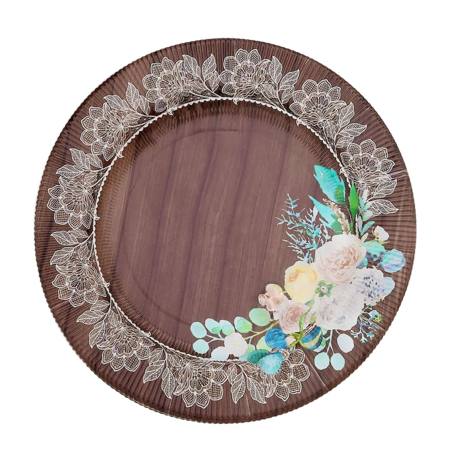 25-Pack Disposable Round Charger Plates in Brown Rustic Wood Print with Floral Lace Rim - Durable Paper Chargers for Rustic Themes & Outdoor Events 13"