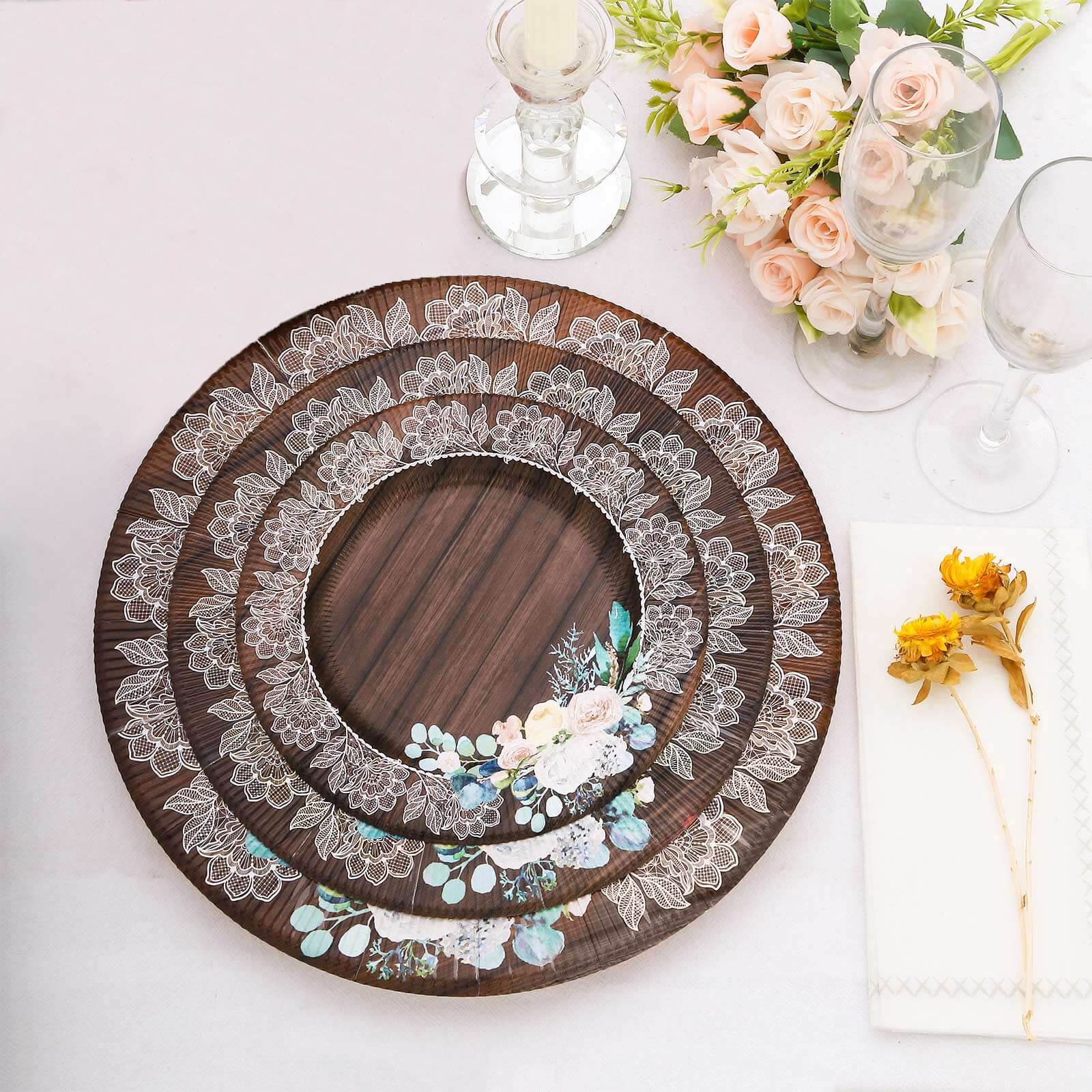 25-Pack Paper 8" Round Dessert Plates in Brown Wood Print with Floral Lace Rim - Disposable Salad Appetizer Plates for Farmhouse Events & Rustic Themes